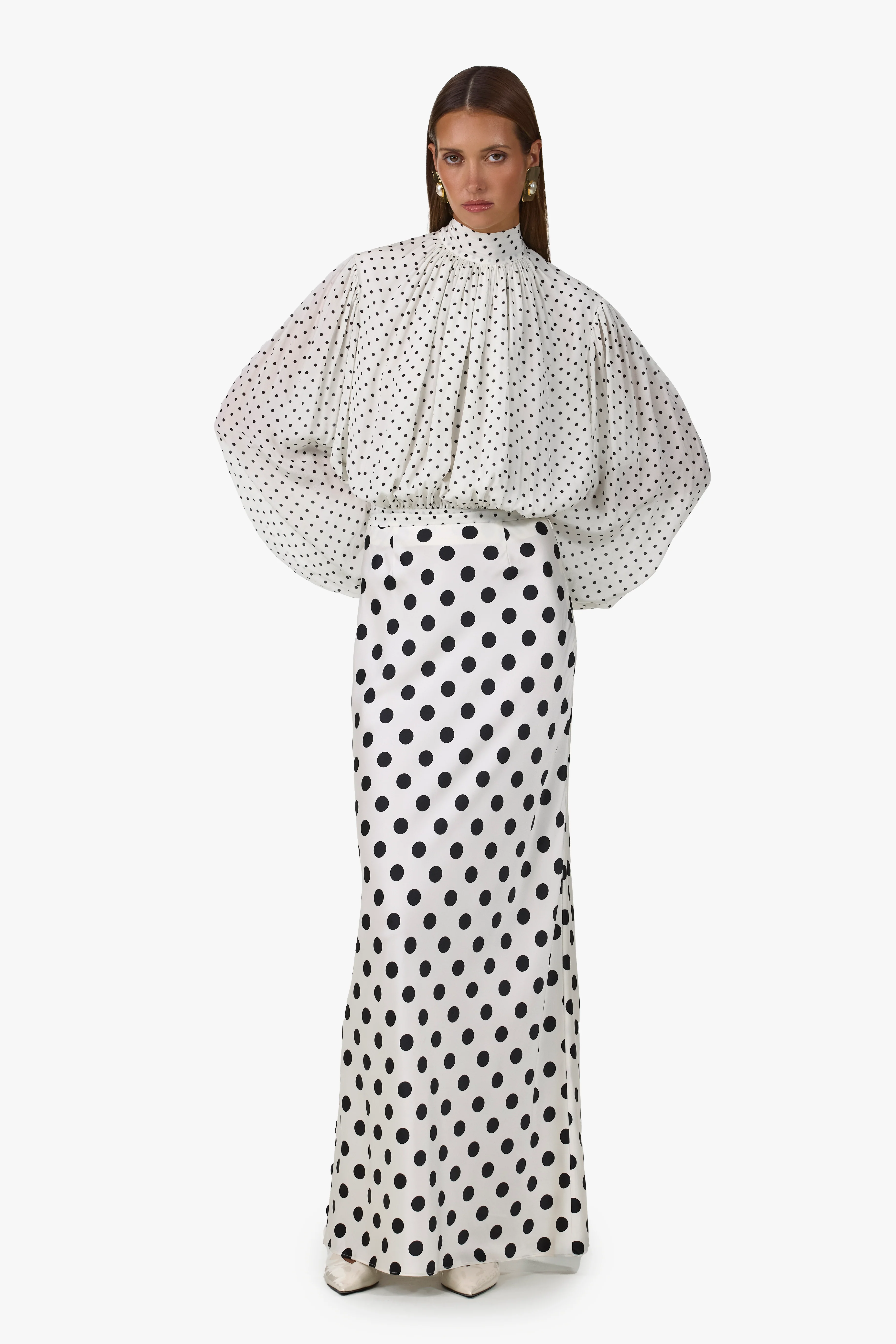Draped Sleeve Chiffon Top (Cream Black Polka Dot)