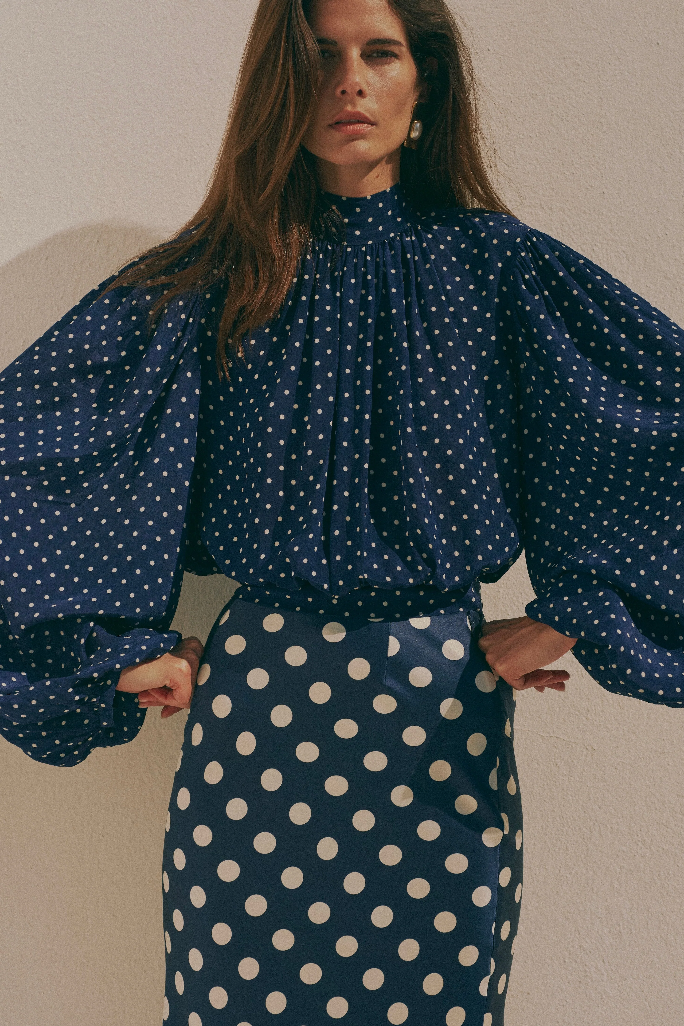 Draped Sleeve Chiffon Top (Navy White Polka Dot) - Image 2