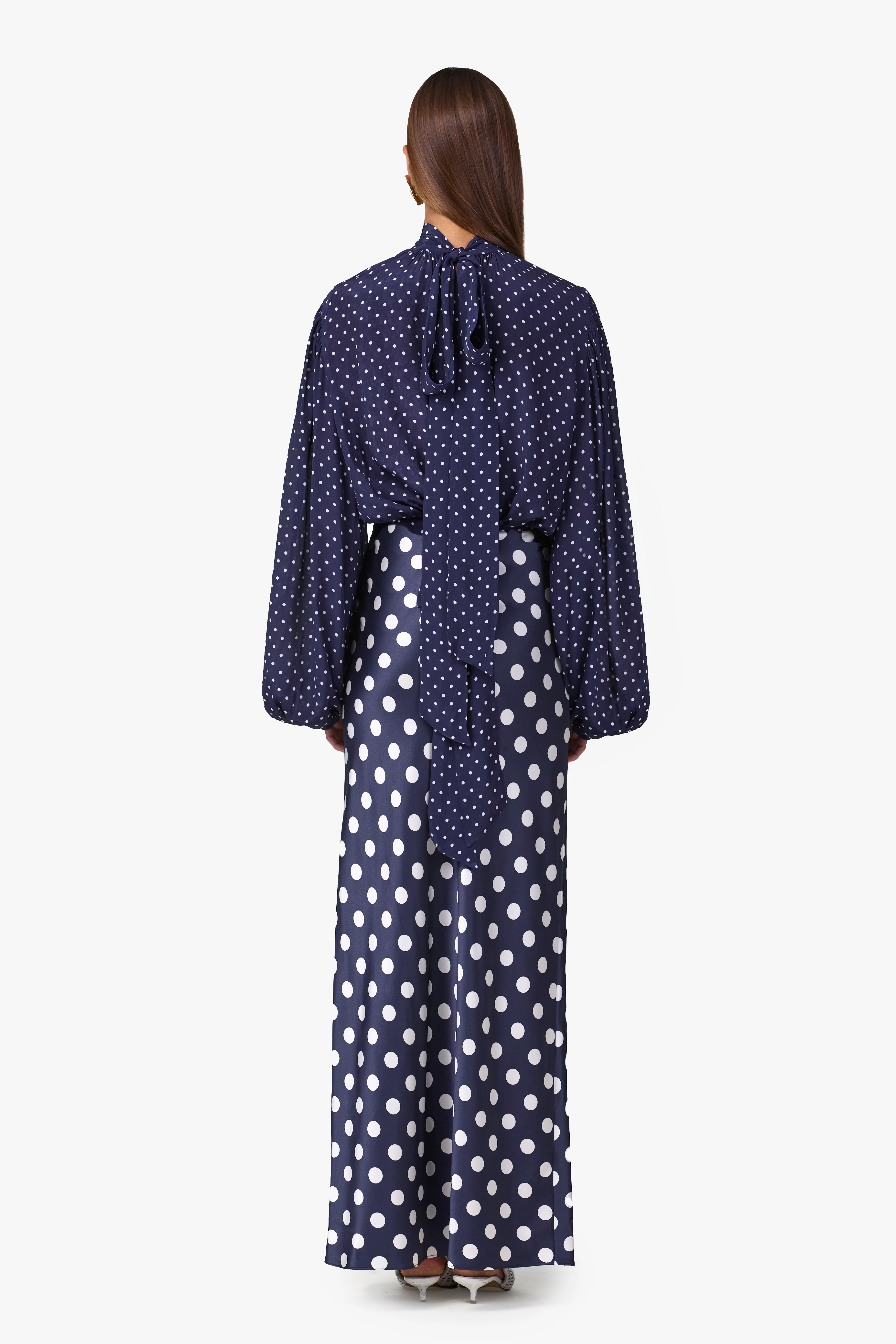 Draped Sleeve Chiffon Top (Navy White Polka Dot) - Image 6