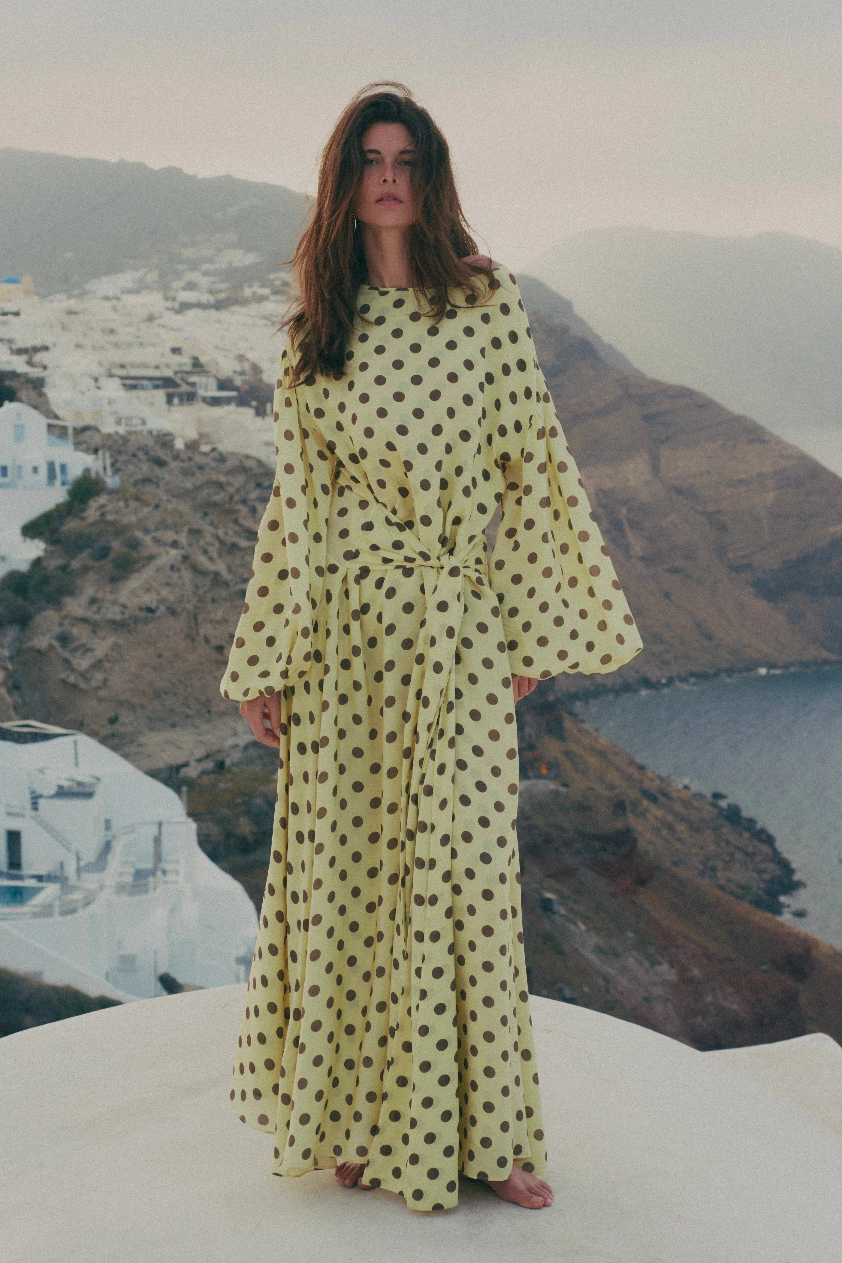 Draped Tie Chiffon Gown (Butter Yellow Polka Dot) - Image 2