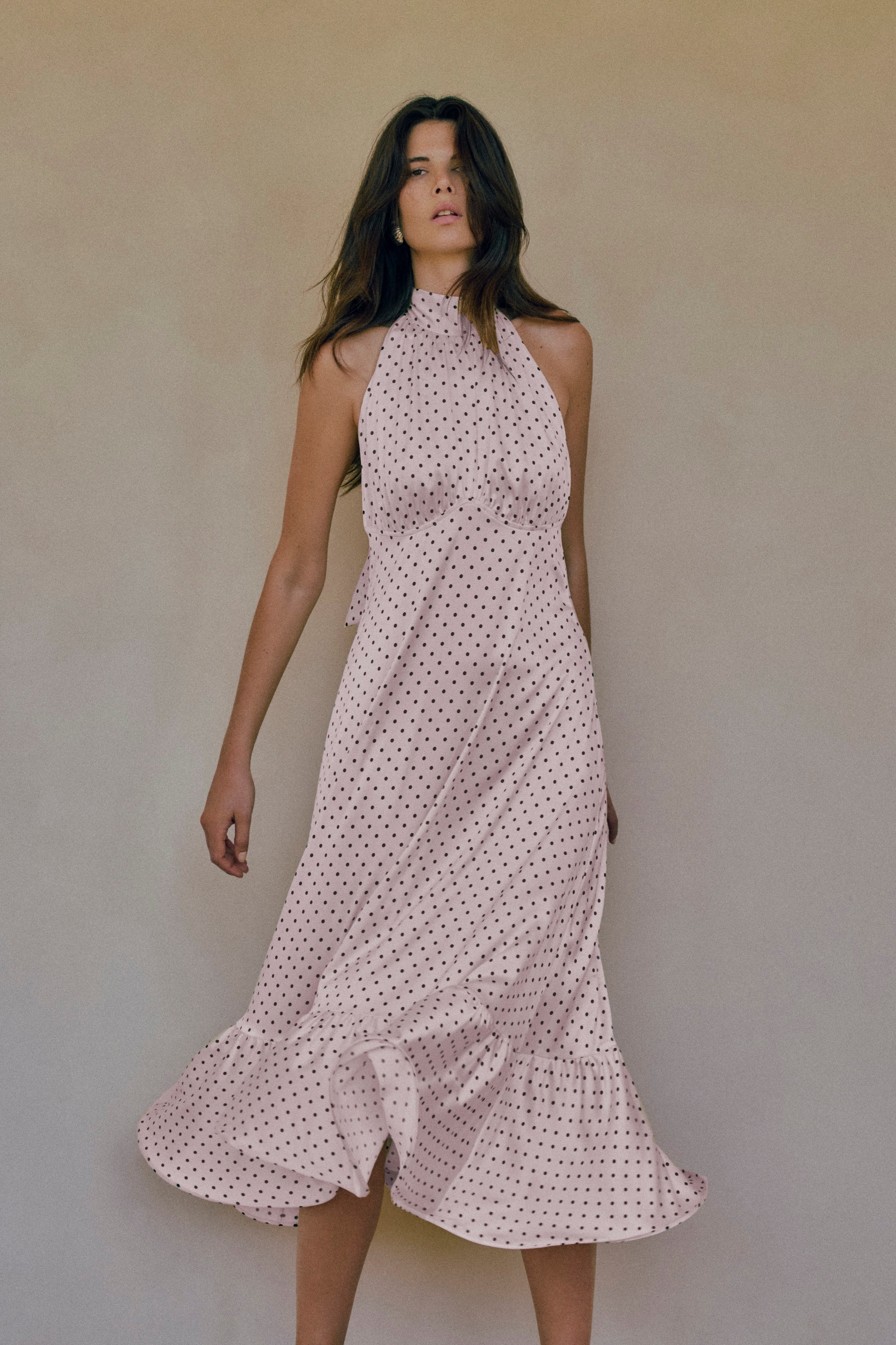Halter Flounce Midi Dress (Pink Polka Dot) - Image 3