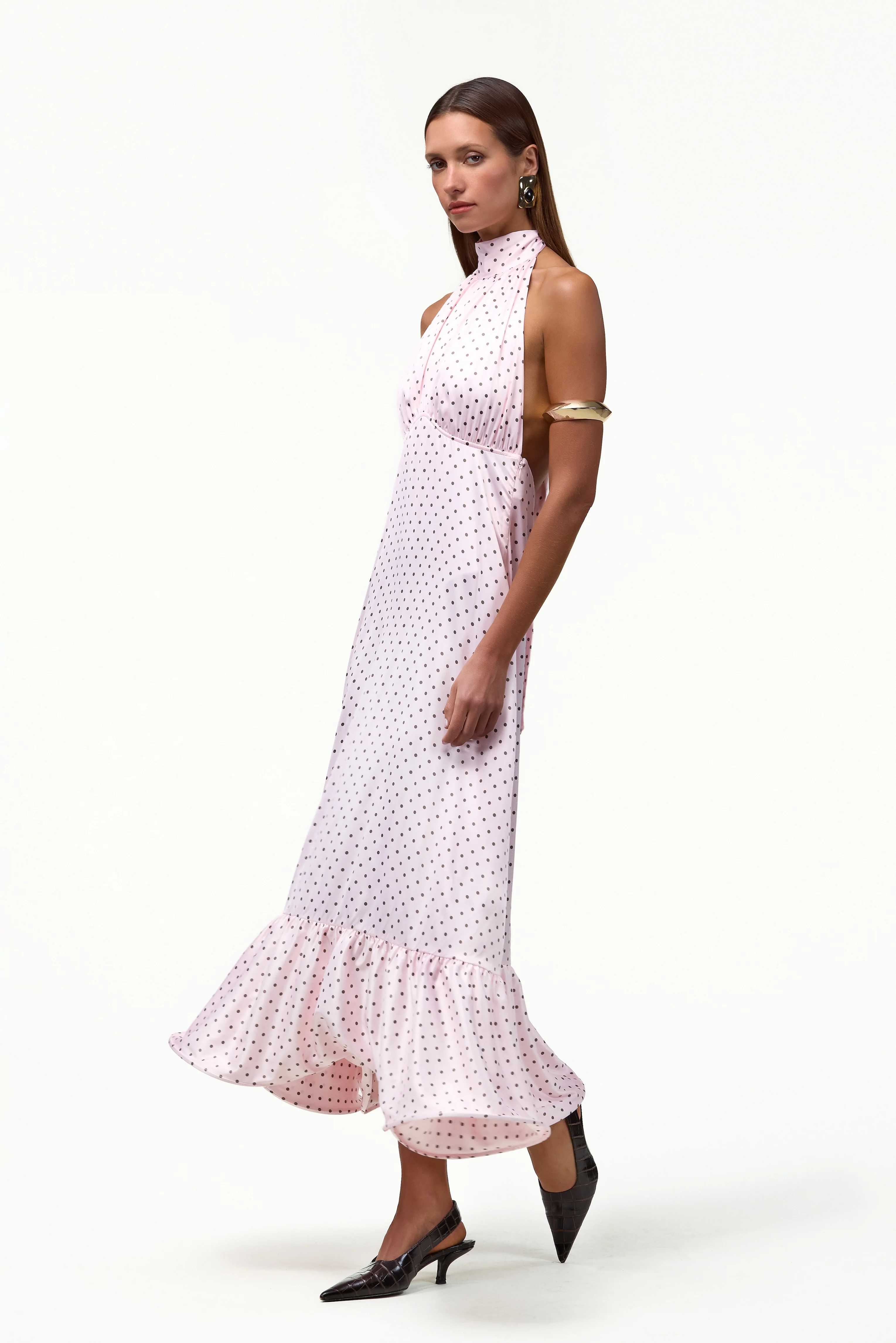 Halter Flounce Midi Dress (Pink Polka Dot) - Image 5