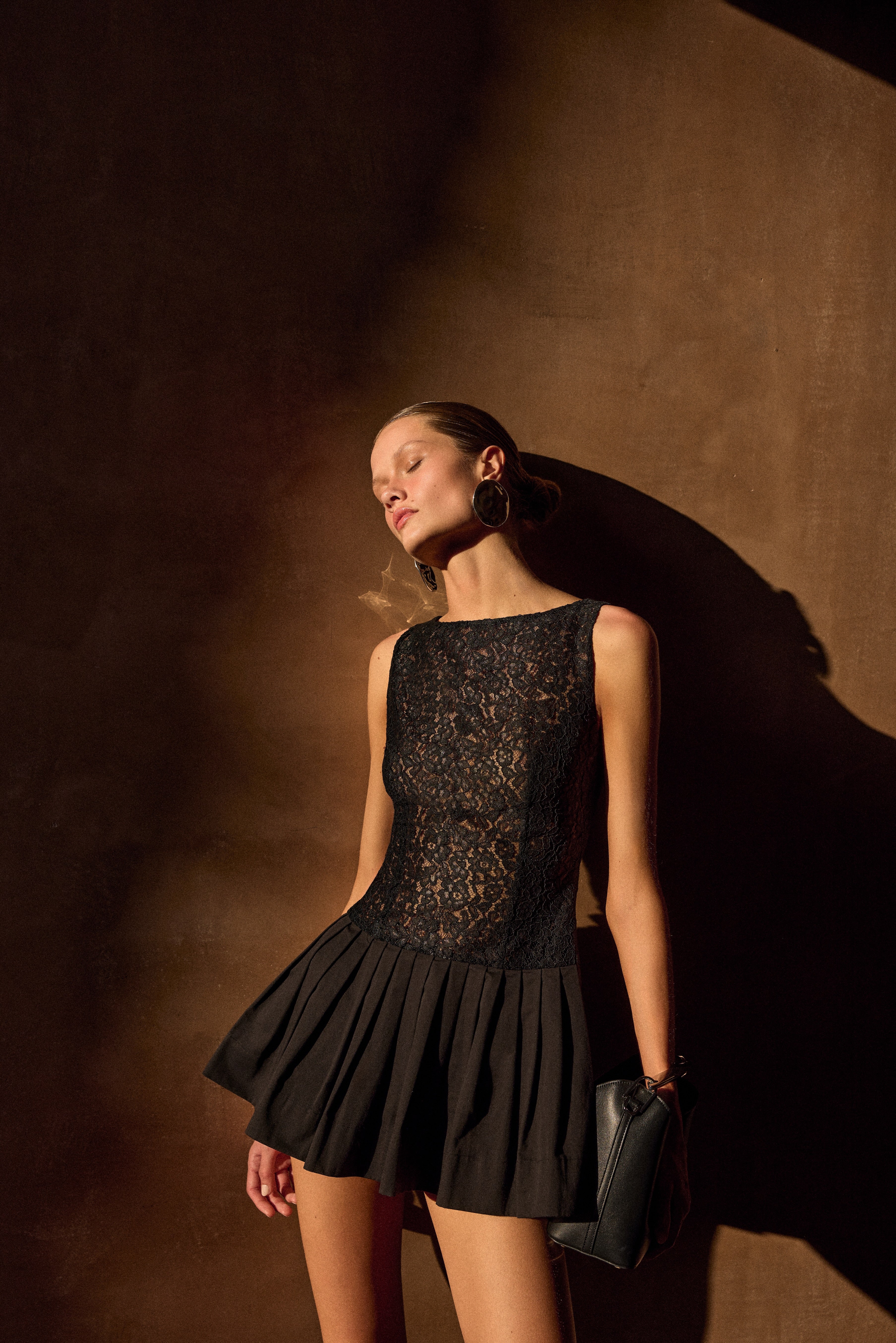 Lace Poplin Mini Dress (Black) - Image 3