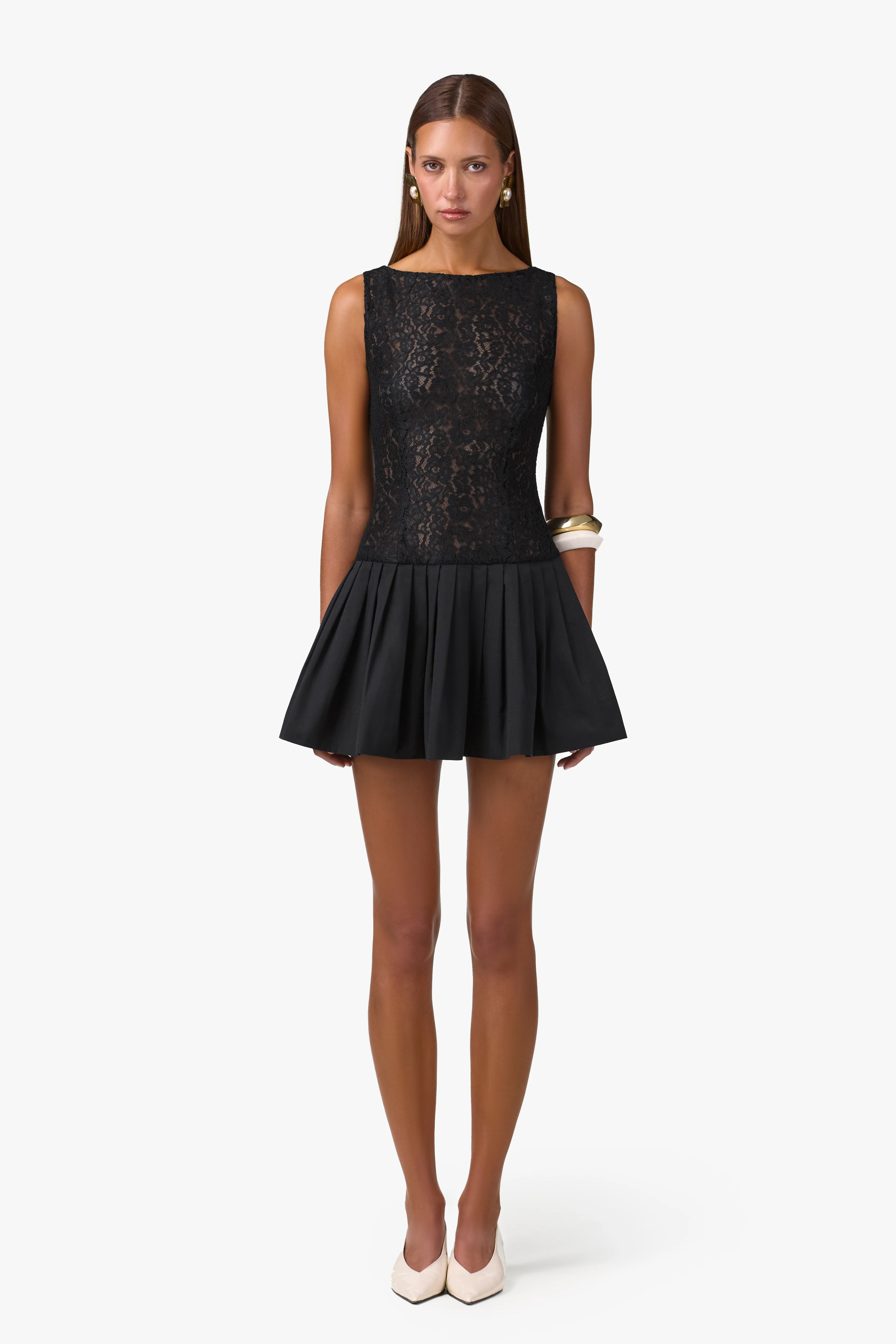 Lace Poplin Mini Dress (Black) - Image 5
