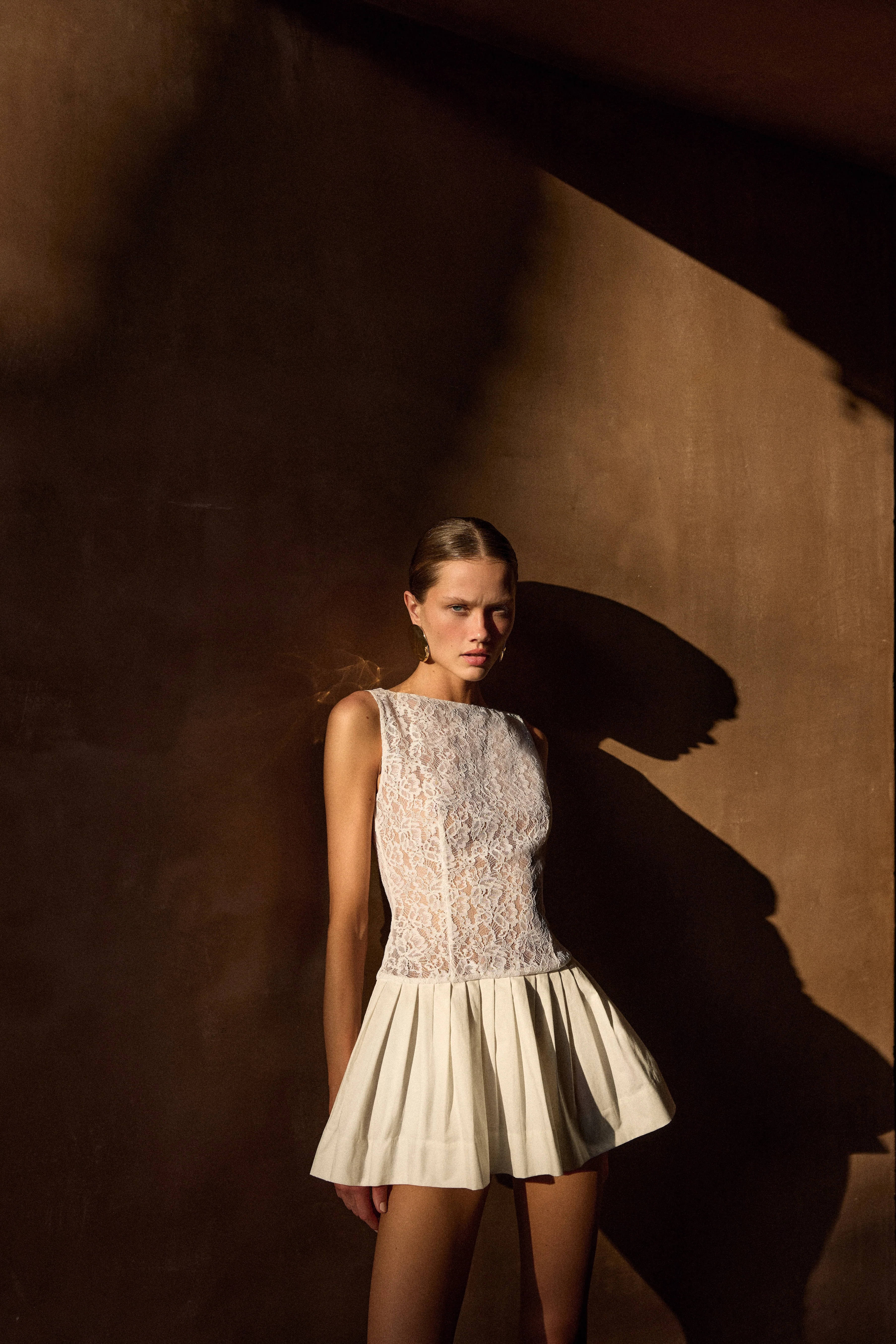 Lace Poplin Mini Dress (White) - Image 3