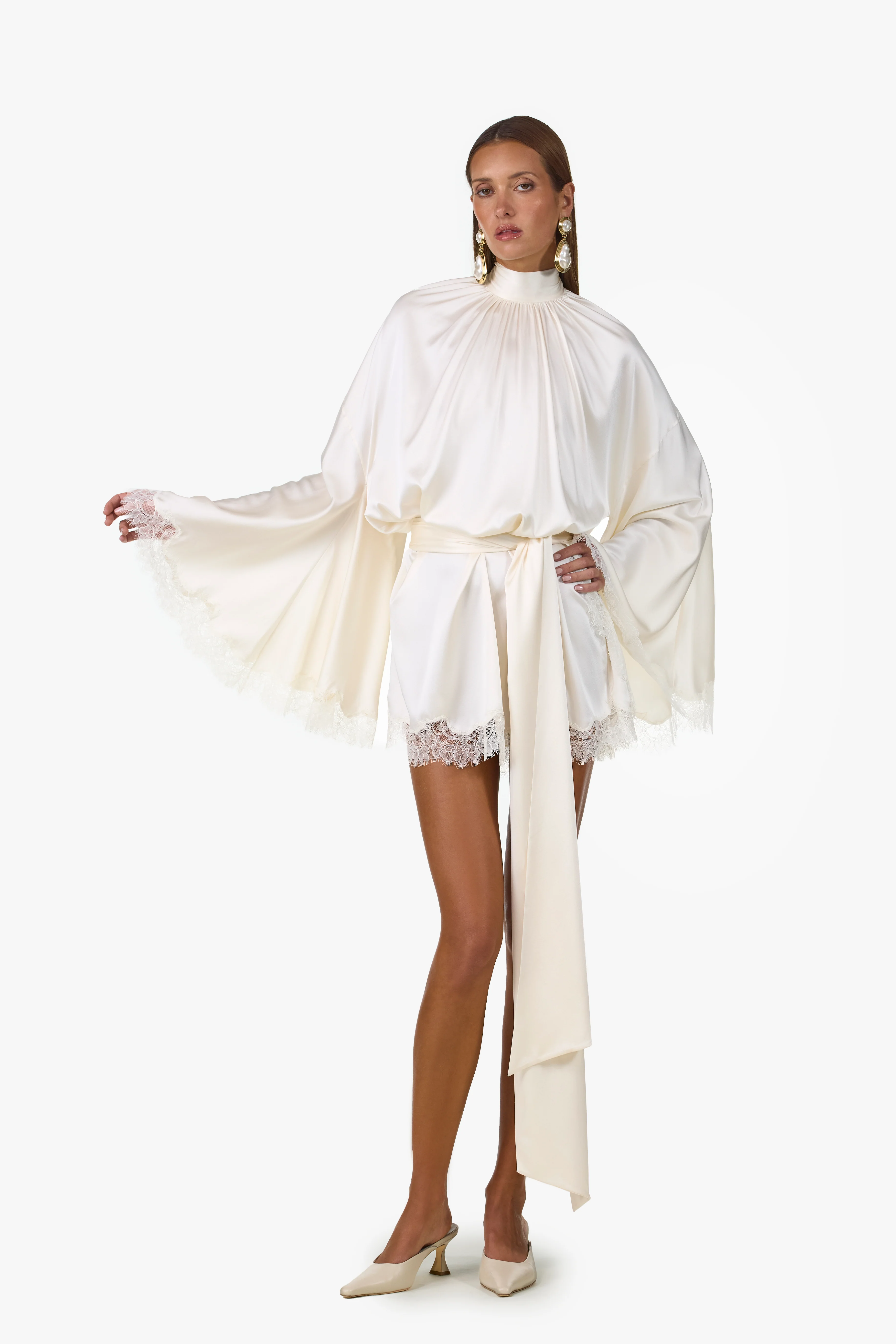 Lace Silk Mini Dress (Cream) - Image 4