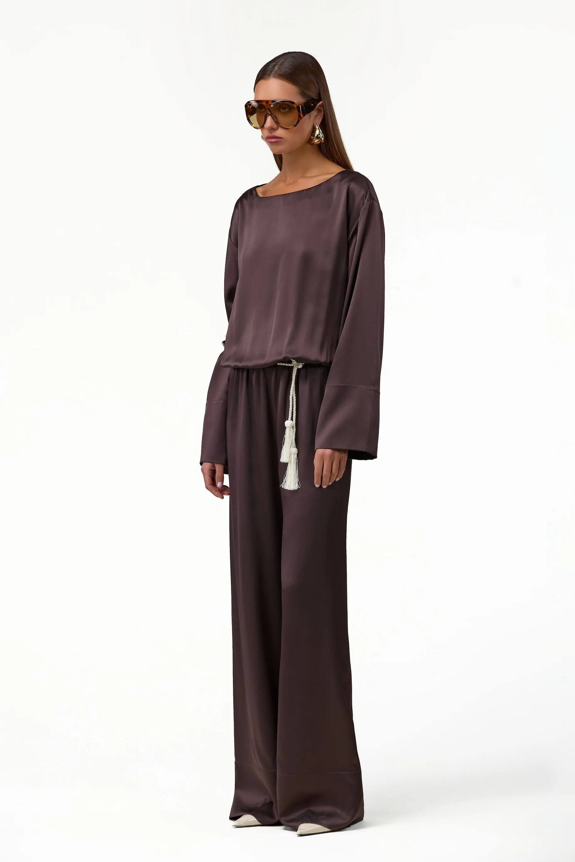 Long Sleeve Silk Jumpsuit (Chocolate Brown) - Image 2