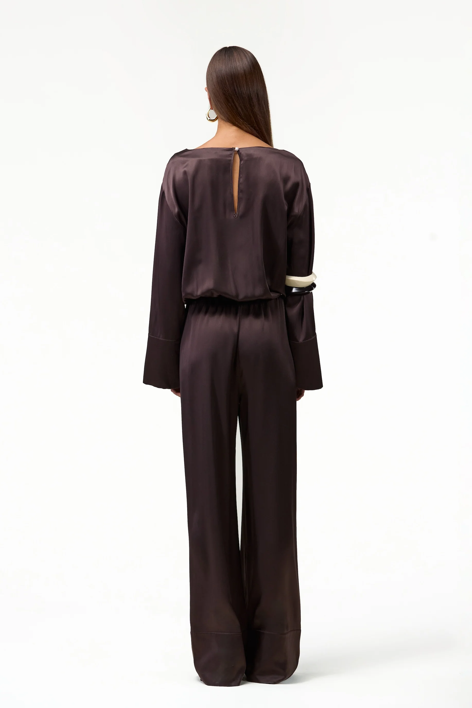 Long Sleeve Silk Jumpsuit (Chocolate Brown) - Image 3
