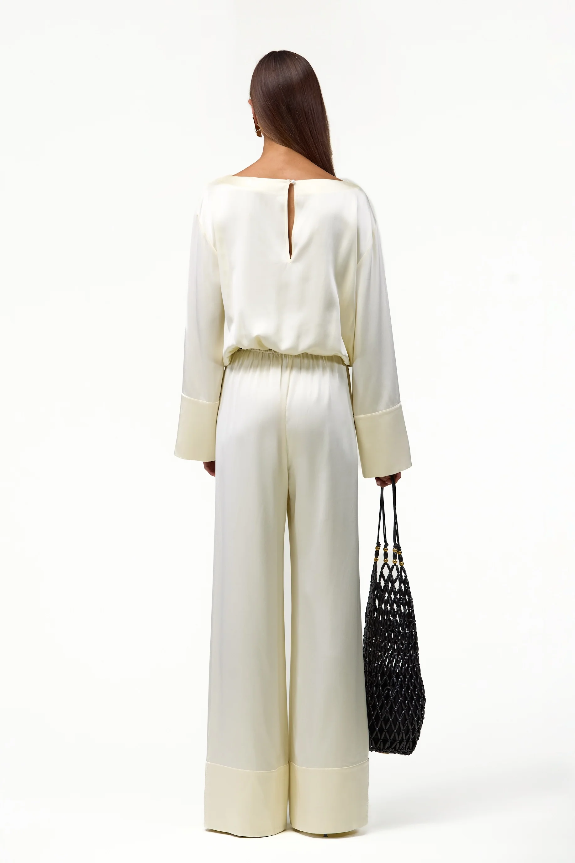 Long Sleeve Silk Jumpsuit (Cream) - Image 3