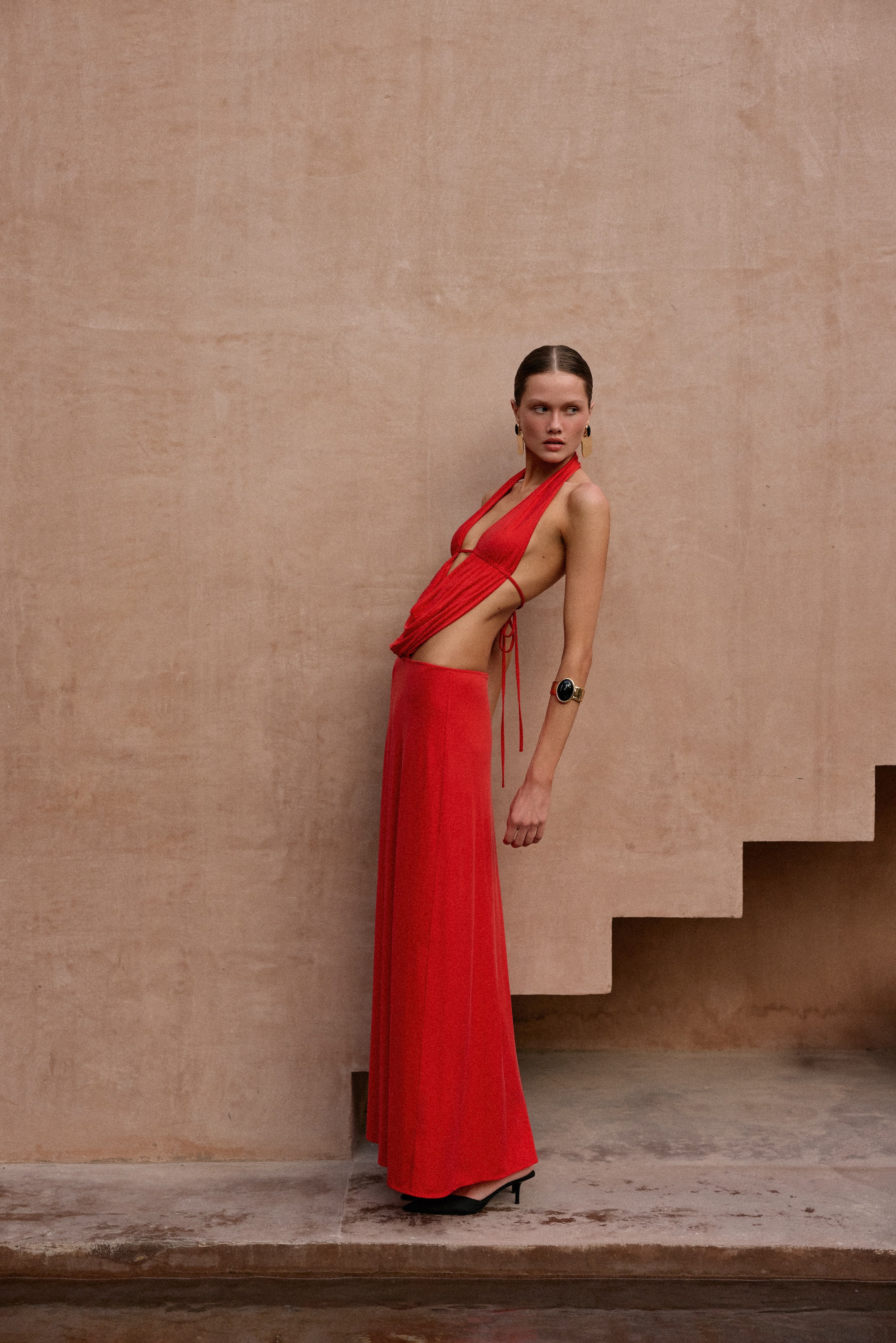 Plunge Neck Maxi Dress (Red) - Image 3