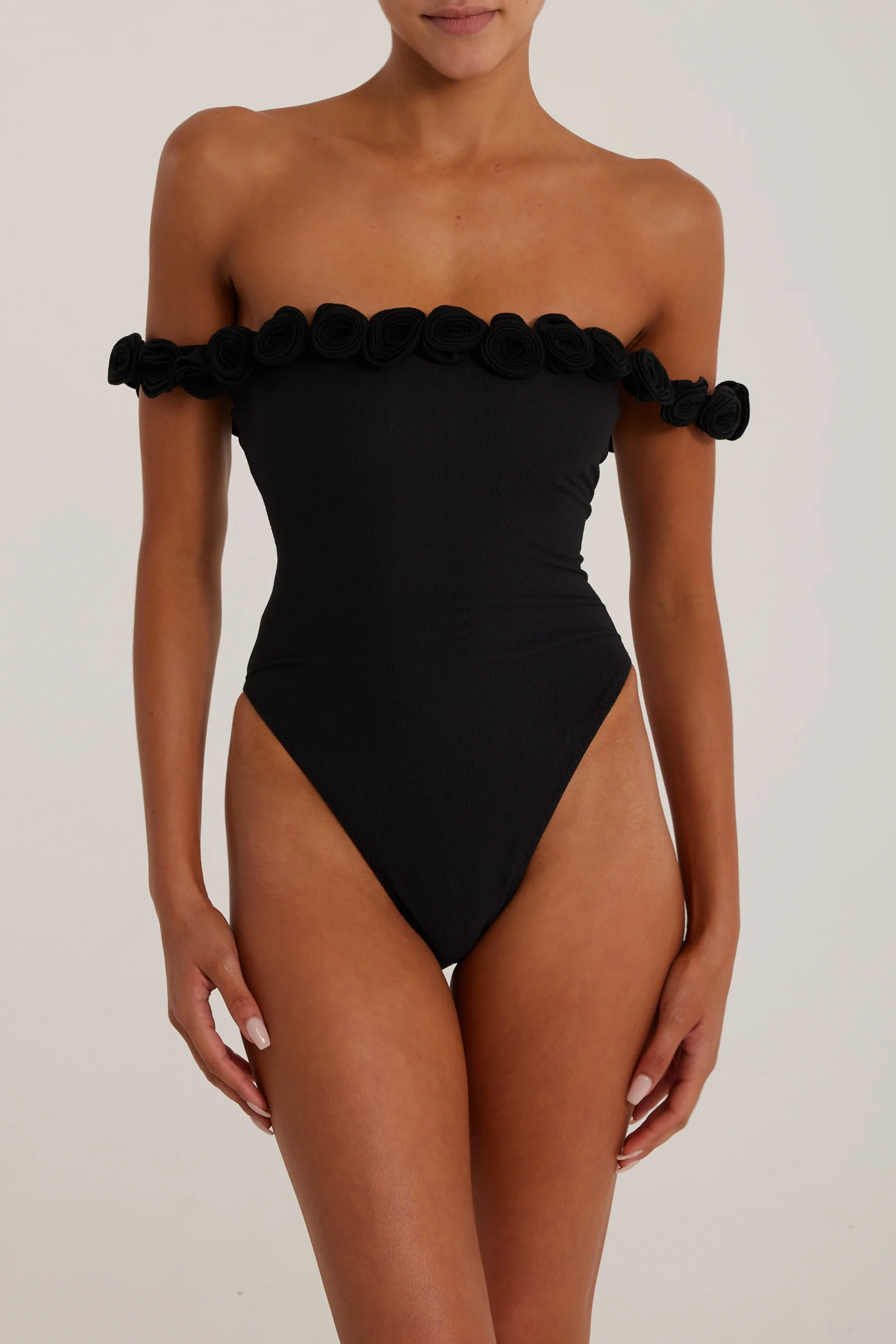 Rosette Off Shoulder One Piece (Faux Suede Black/Black) - Image 3