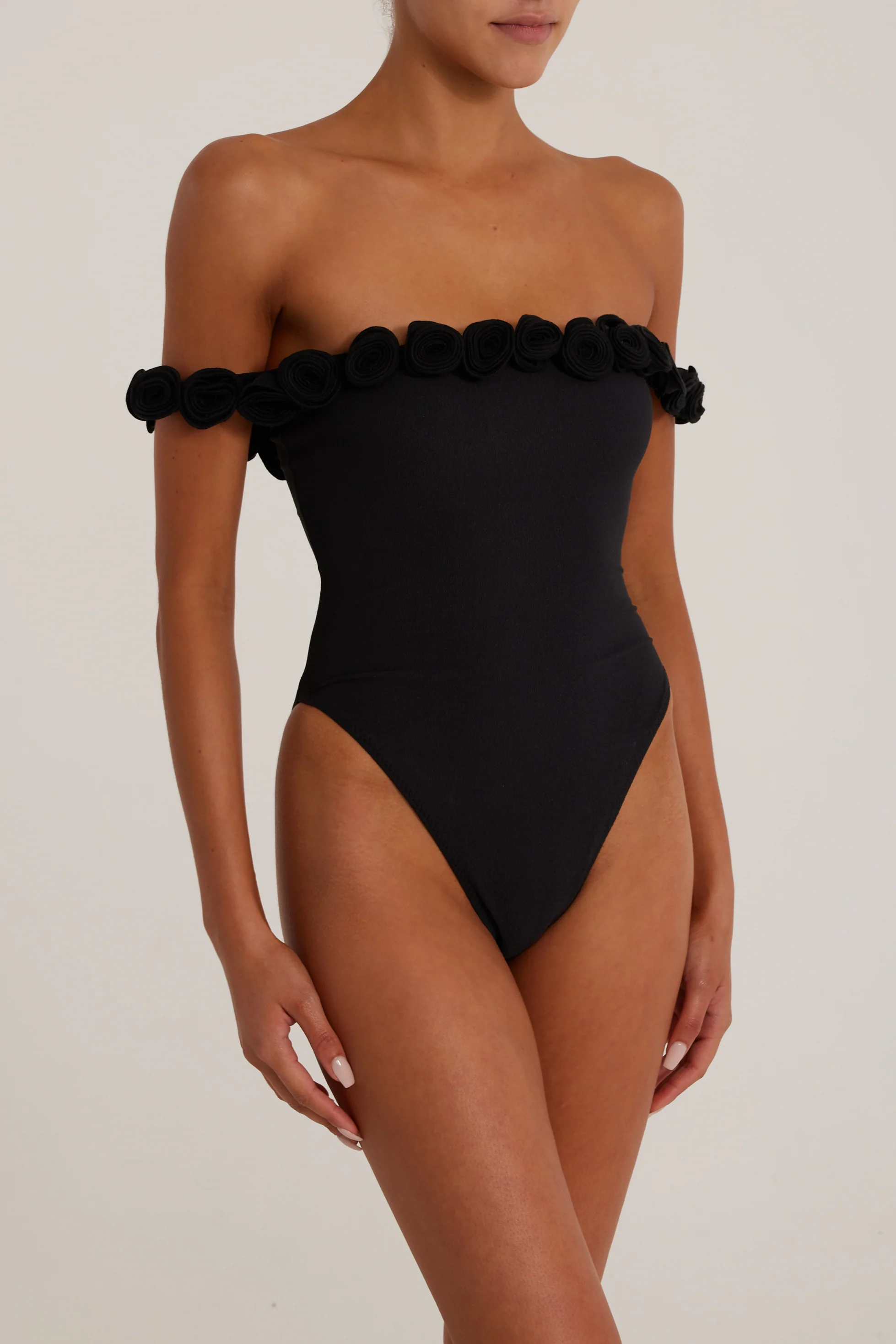 Rosette Off Shoulder One Piece (Faux Suede Black/Black) - Image 4