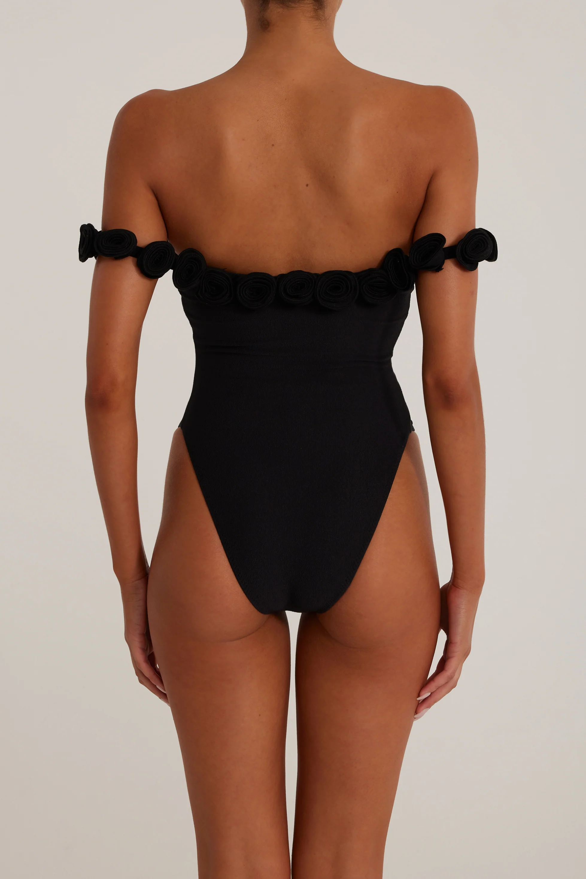 Rosette Off Shoulder One Piece (Faux Suede Black/Black) - Image 5