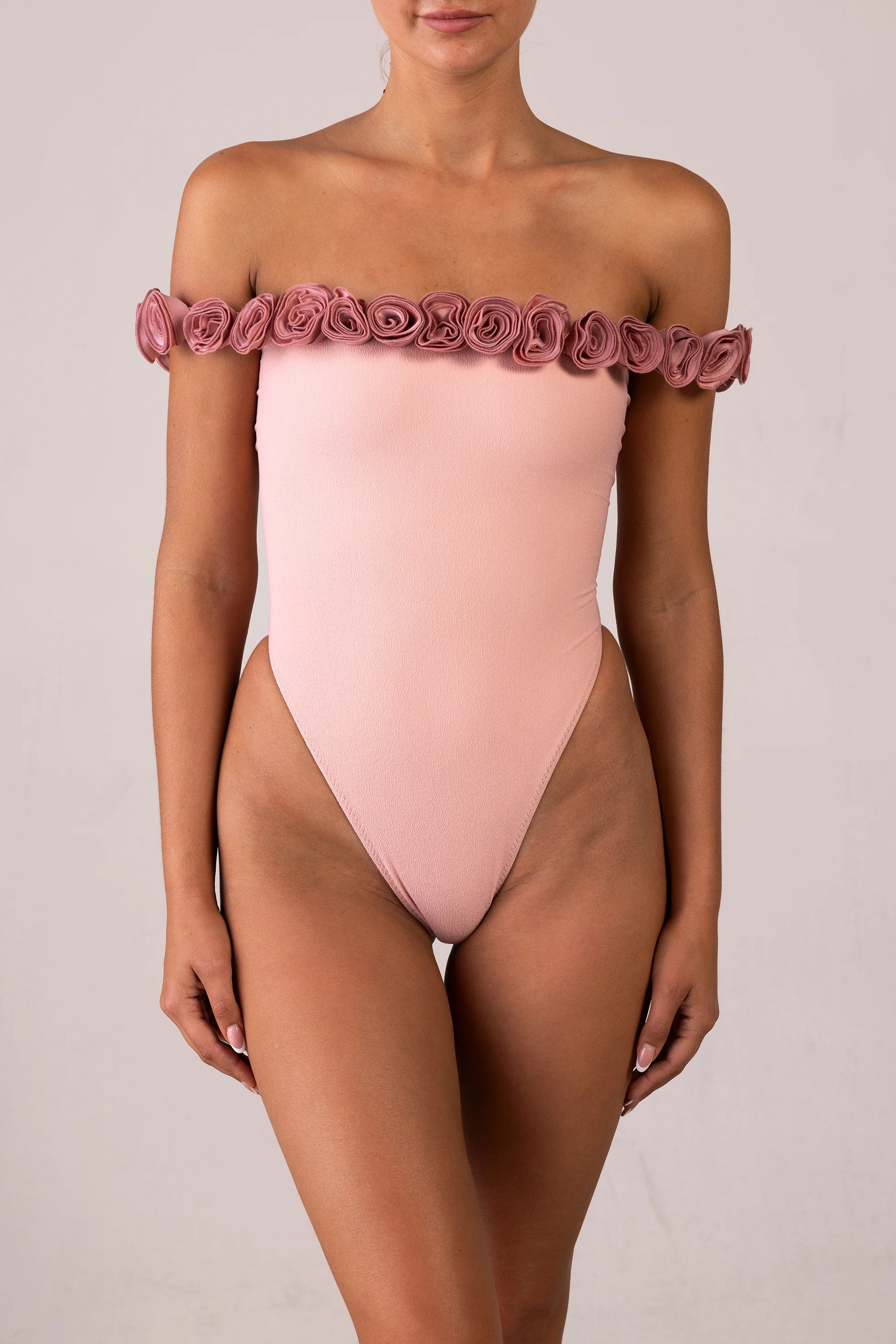 Rosette Off Shoulder One Piece (Faux Suede Blush/Blush) - Image 3