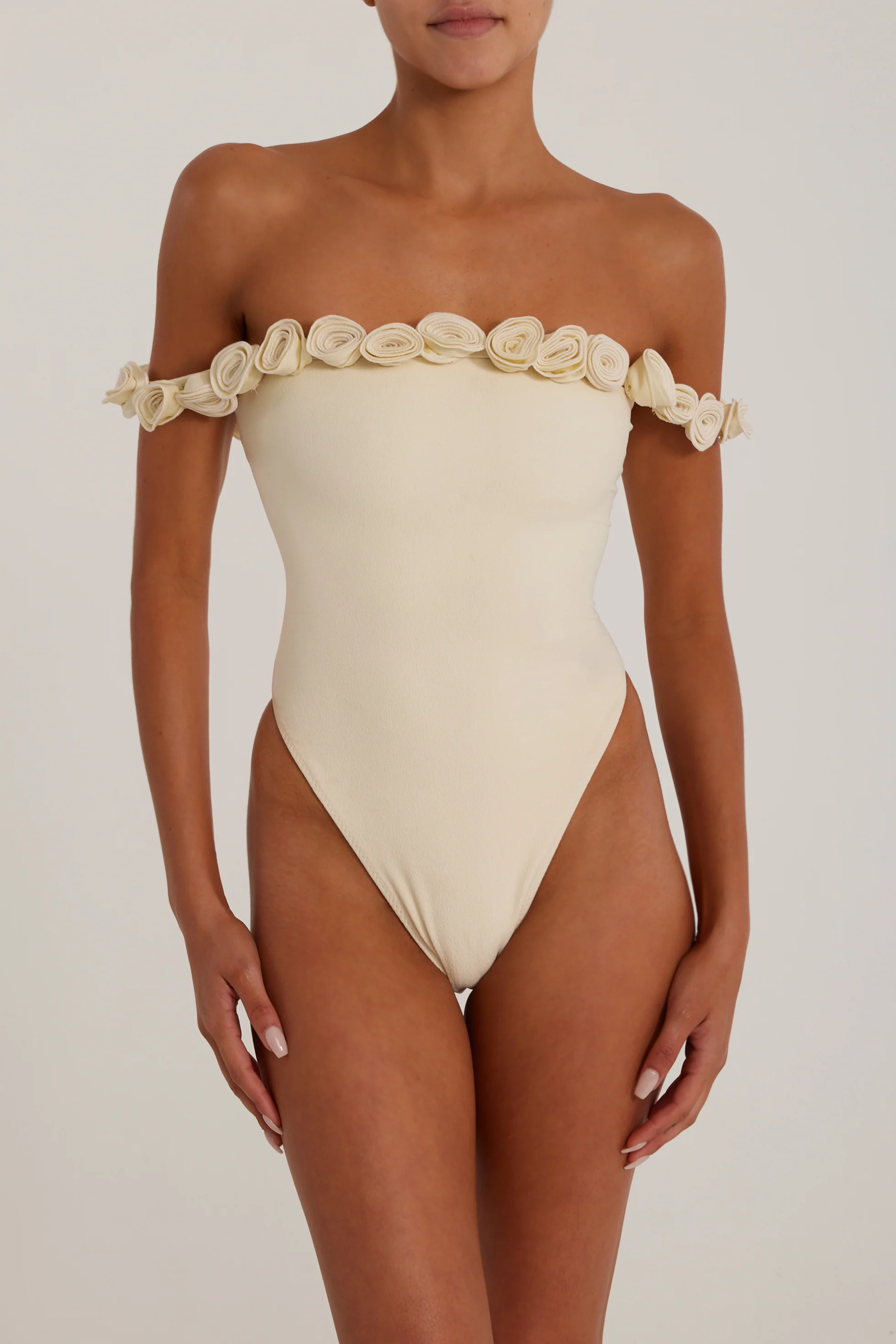 Rosette Off Shoulder One Piece (Faux Suede Cream/Cream) - Image 3