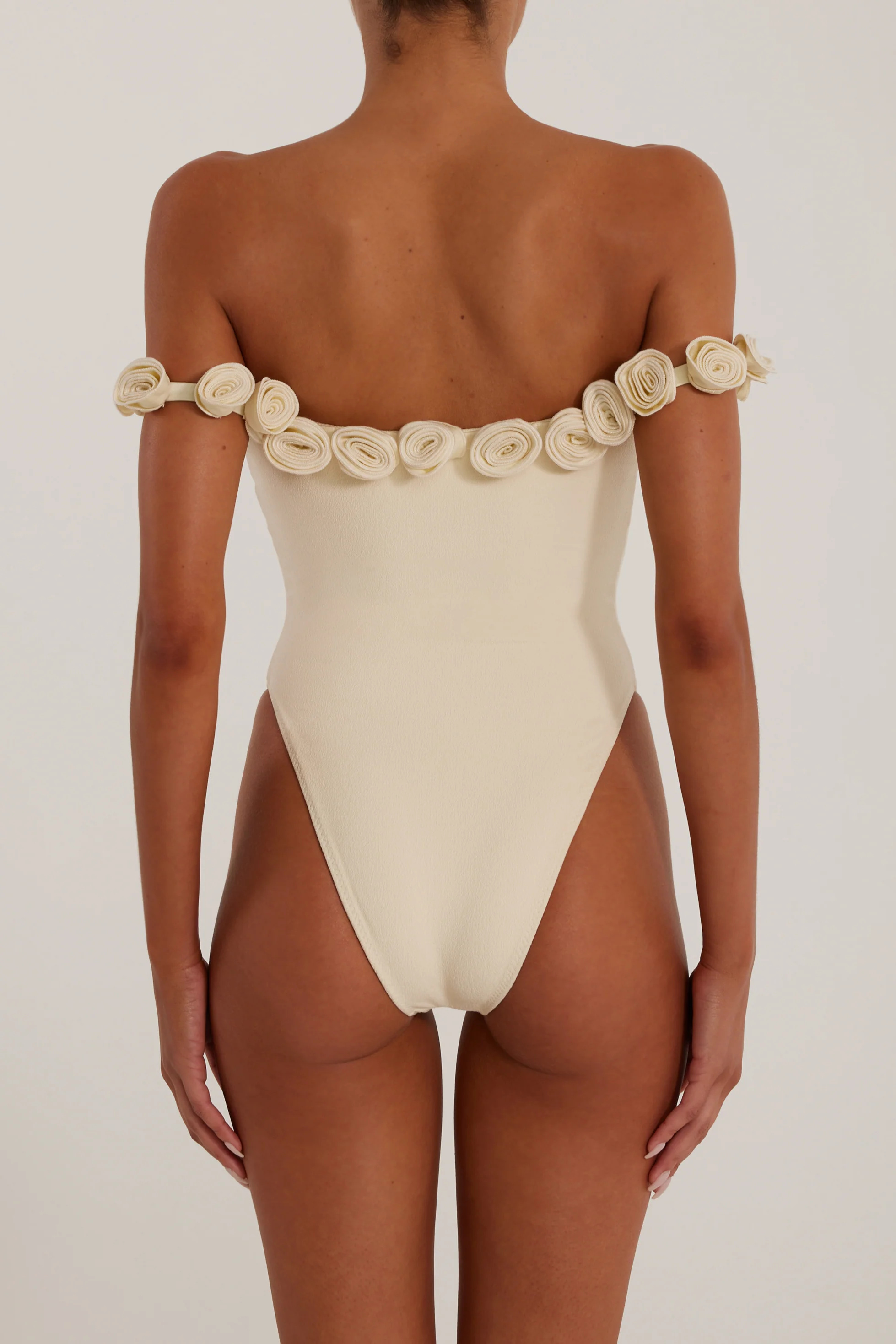Rosette Off Shoulder One Piece (Faux Suede Cream/Cream) - Image 5