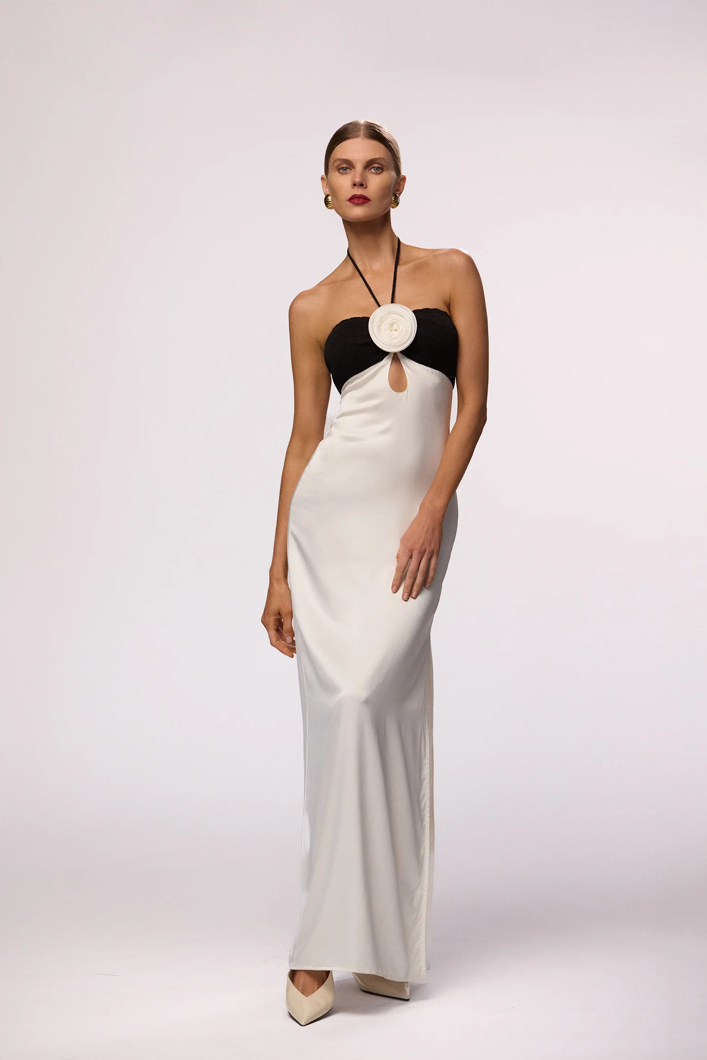 Rosette Silk Dress (Cream/Black) - Image 3