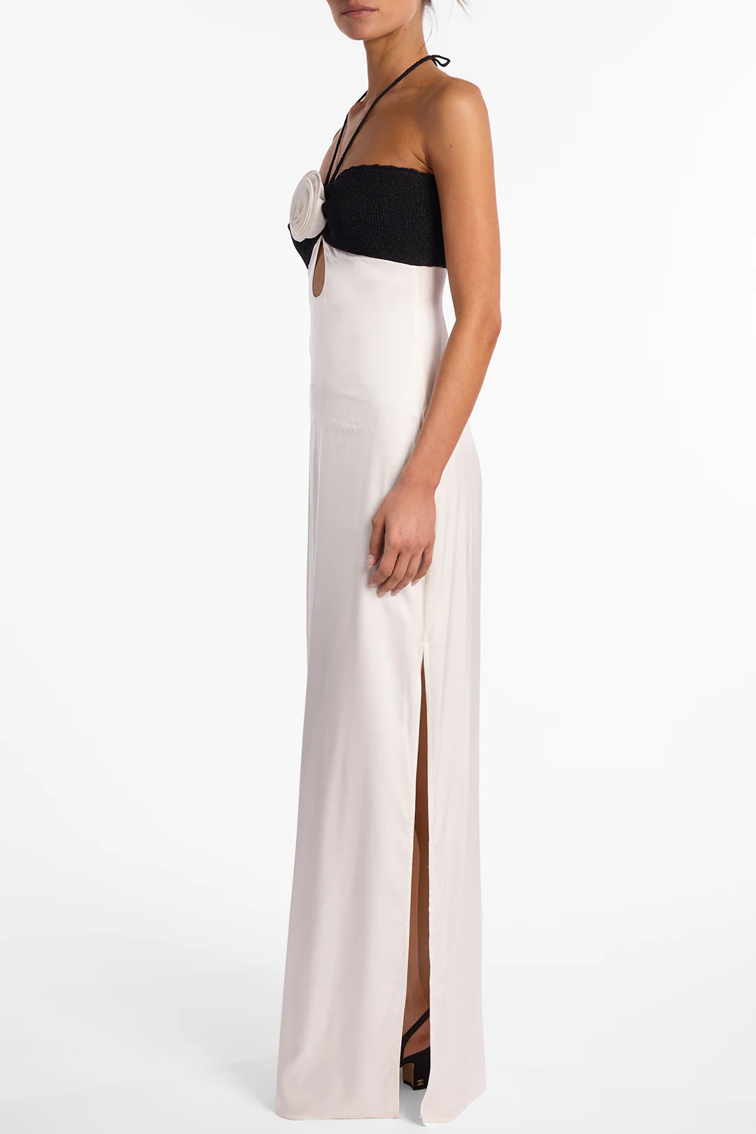 Rosette Silk Dress (Cream/Black) - Image 5