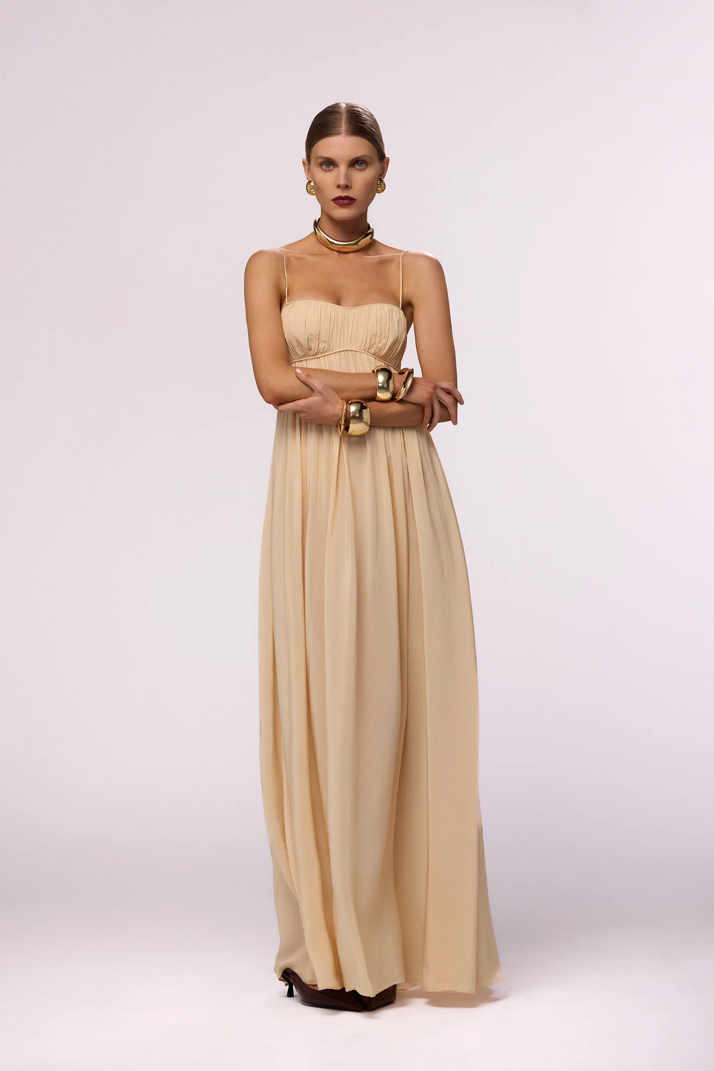 Ruched Chiffon Dress (Gold) - Image 3