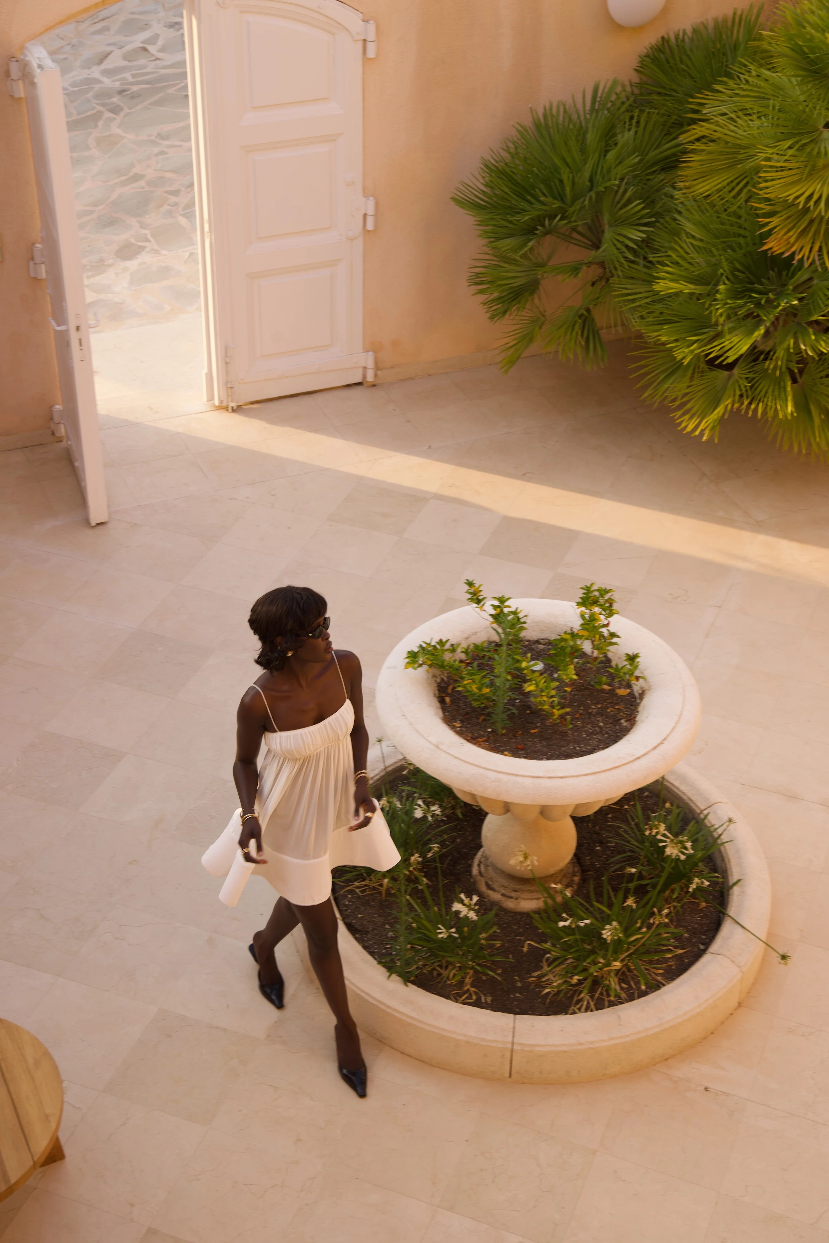 Ruched Flounce Mini Dress (White) - Image 2