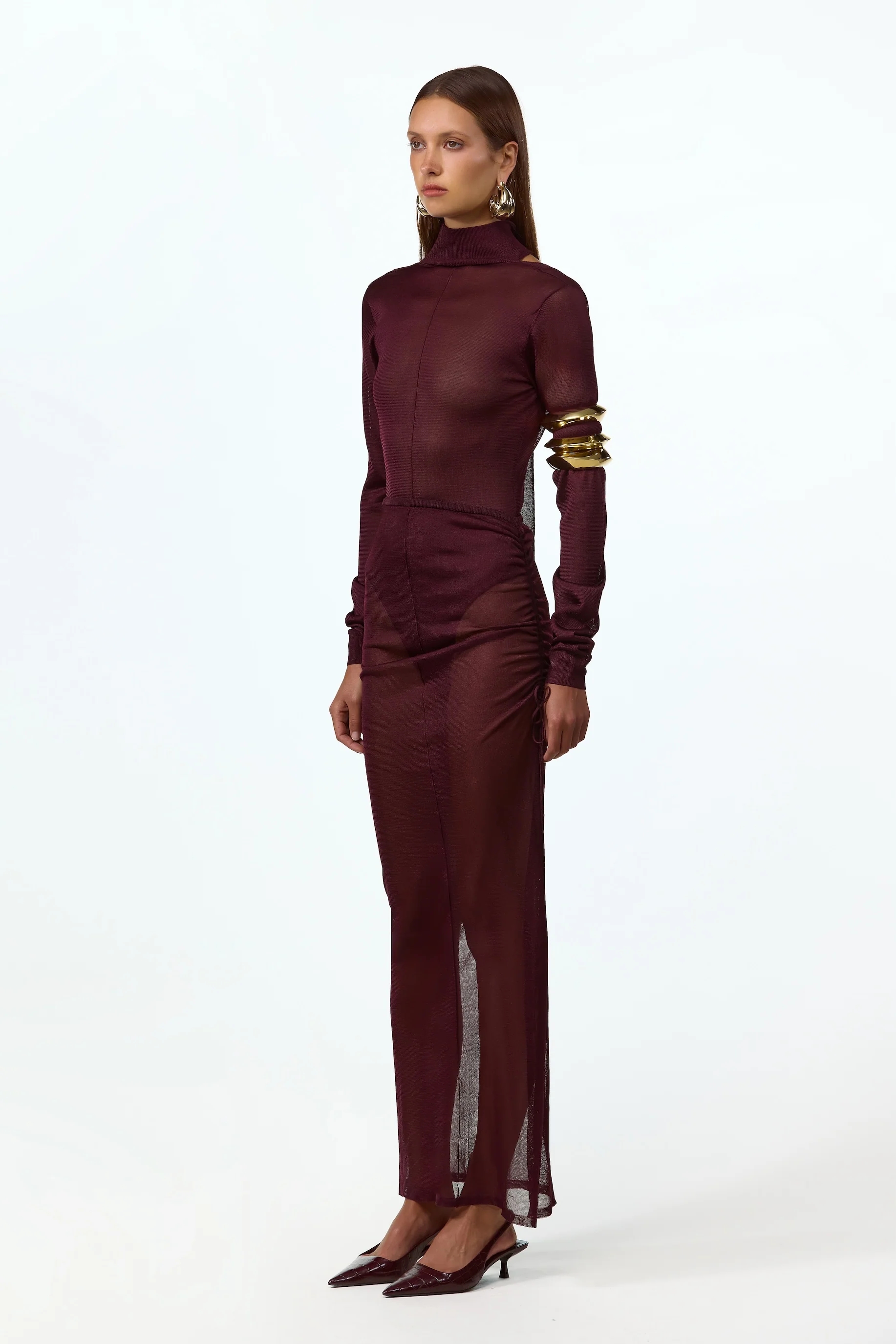 Ruched Knit Maxi Skirt (Merlot) - Image 4