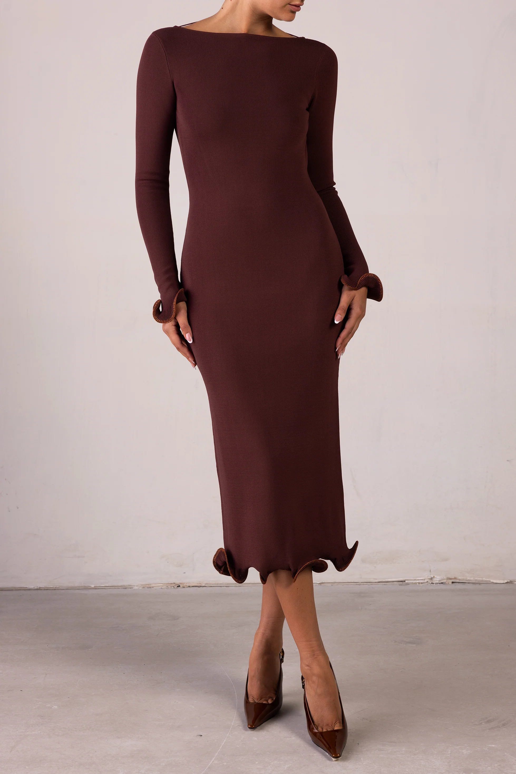 Ruffle Hem Midi Dress (Chocolate Brown/Brown Lurex) - Image 3