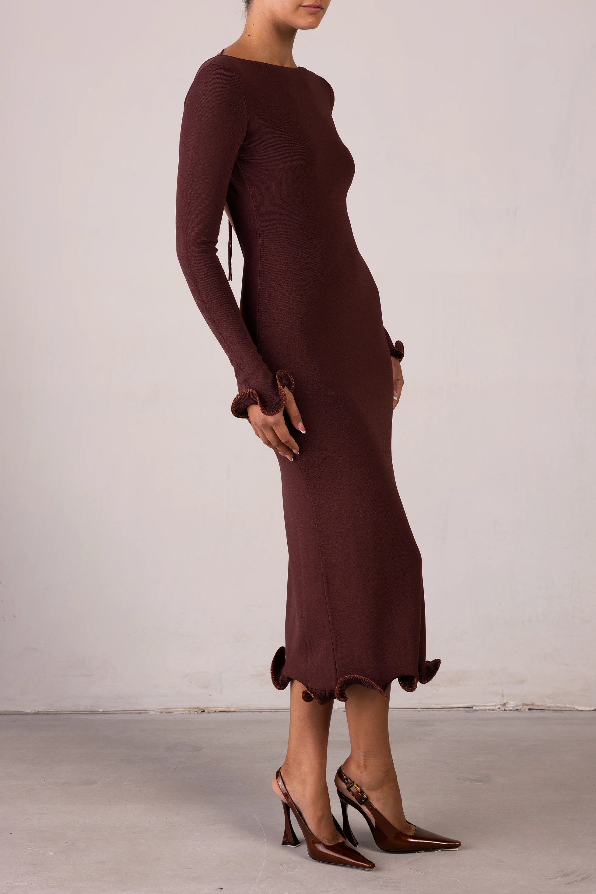 Ruffle Hem Midi Dress (Chocolate Brown/Brown Lurex) - Image 4