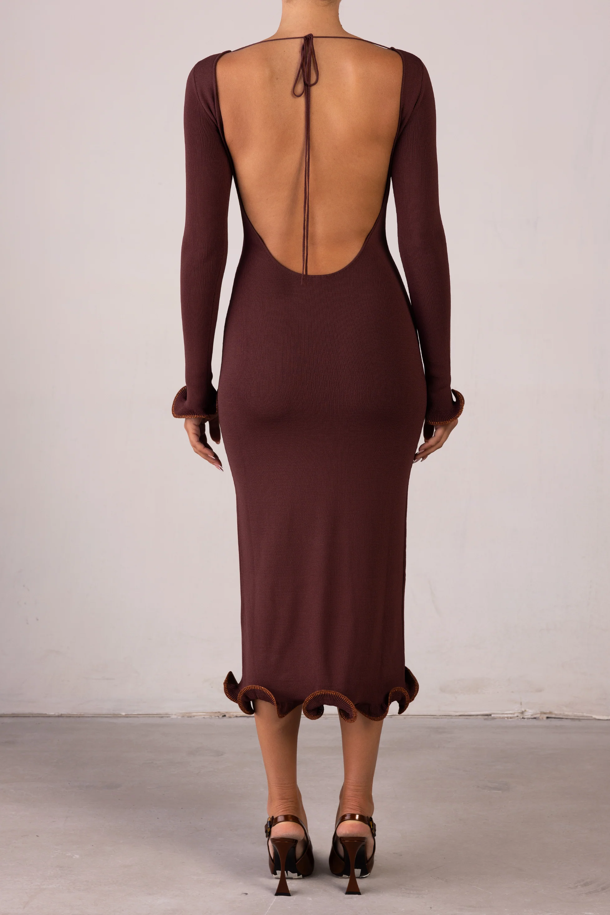 Ruffle Hem Midi Dress (Chocolate Brown/Brown Lurex) - Image 5