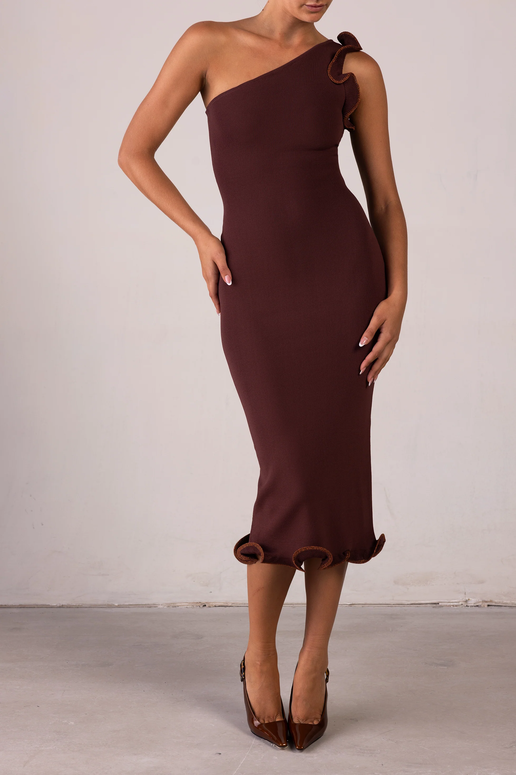 Ruffle Hem One Shoulder Dress (Chocolate Brown/Brown Lurex) - Image 3
