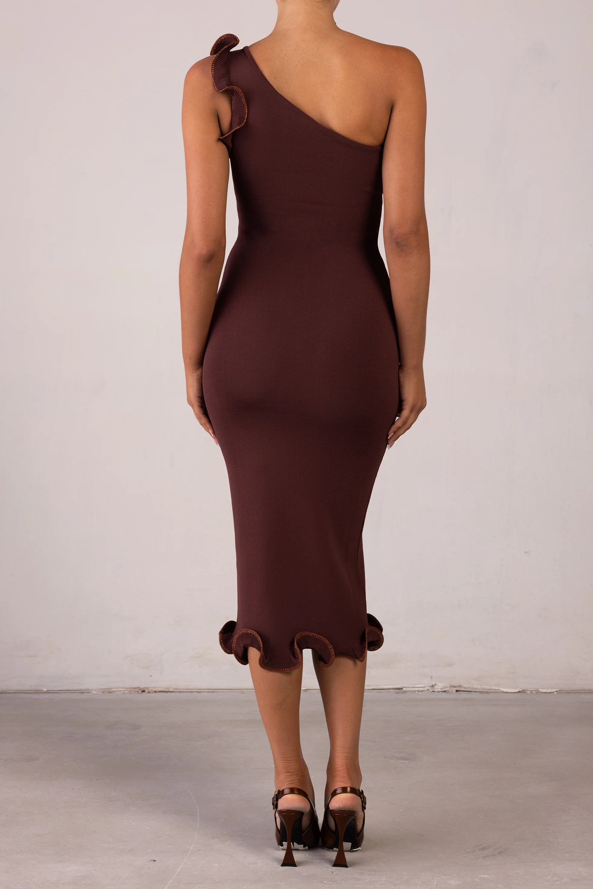 Ruffle Hem One Shoulder Dress (Chocolate Brown/Brown Lurex) - Image 5