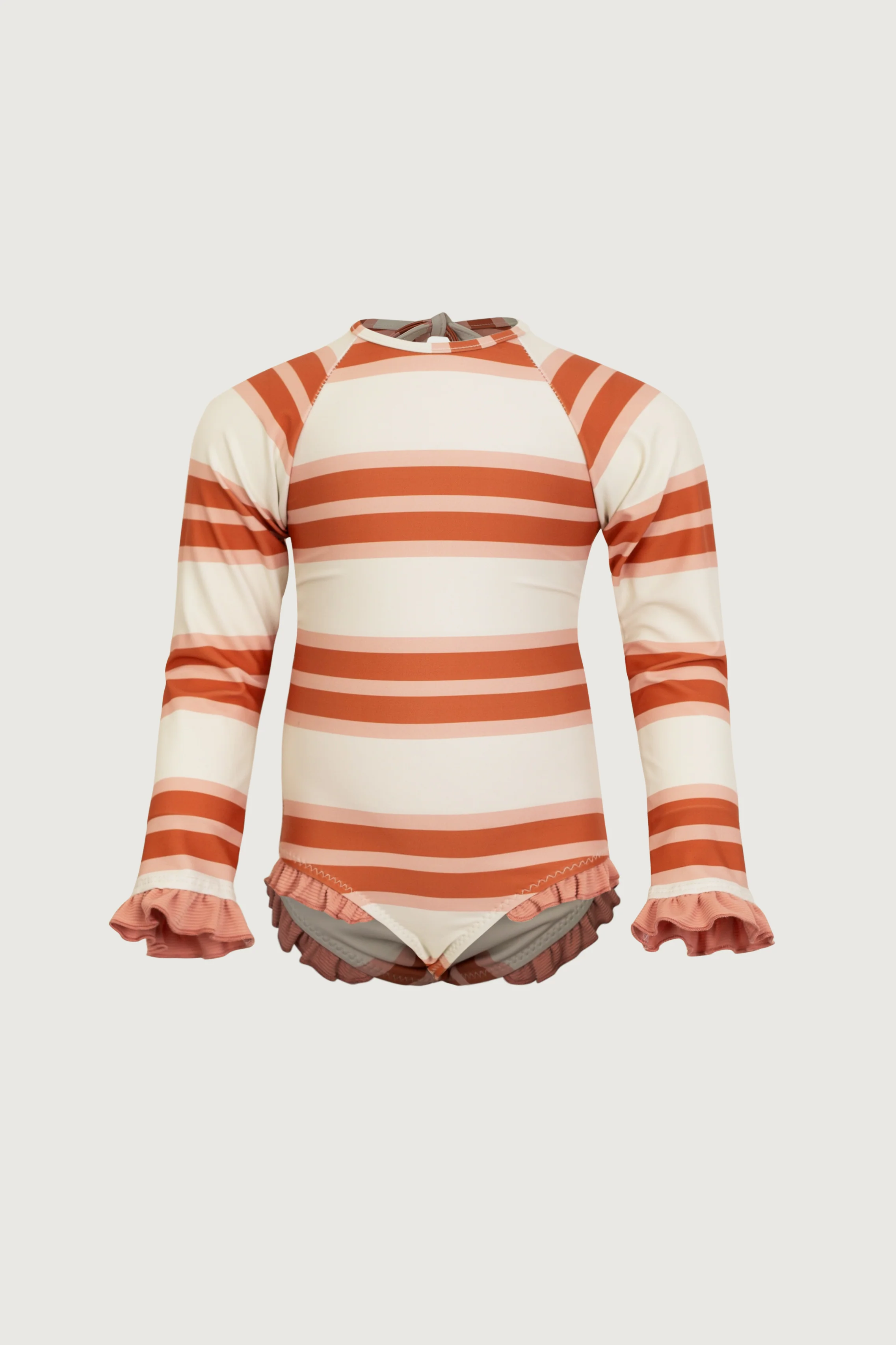 ruffle rashguard one piece (cream camel blush stripe/blush)