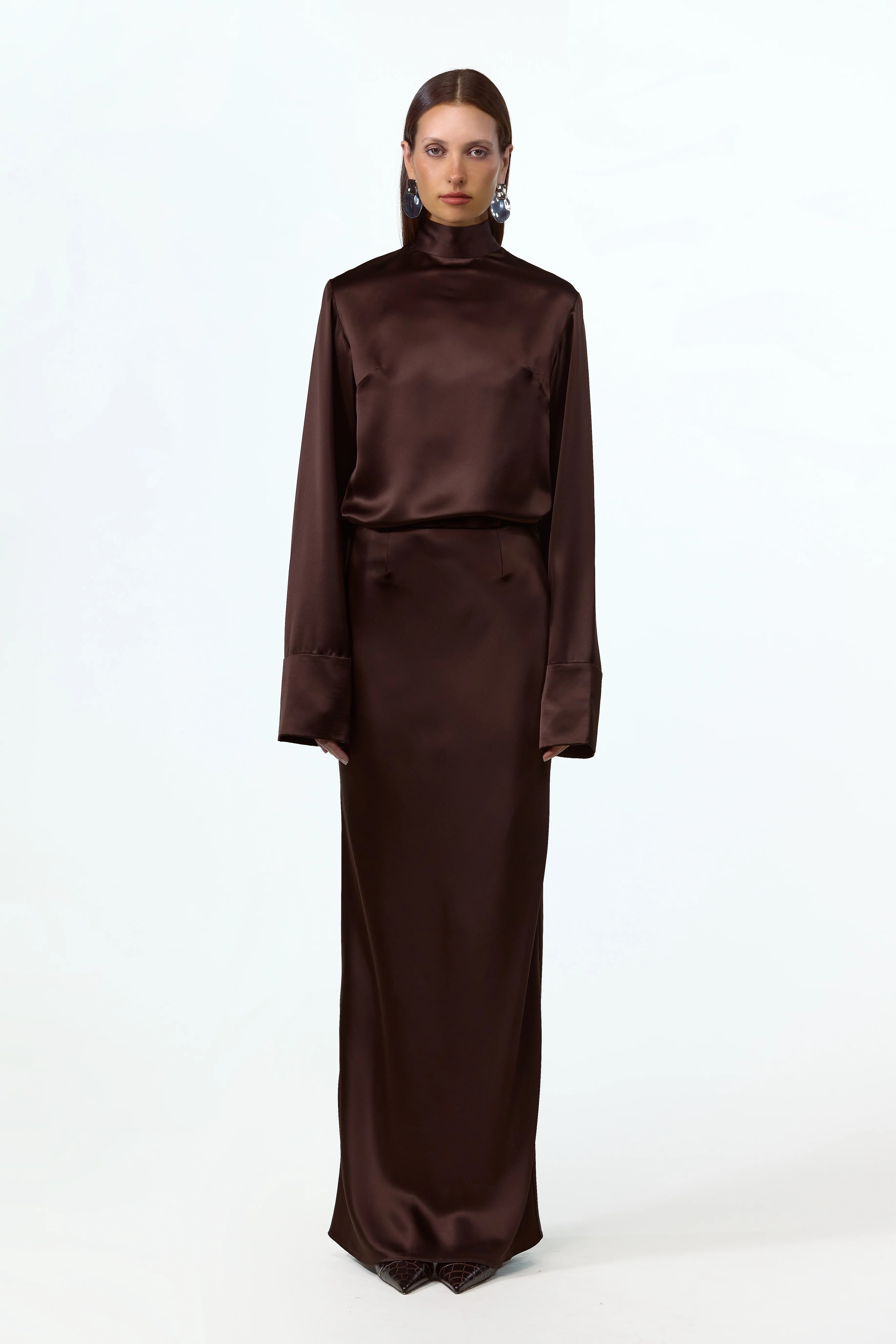 Satin Long Sleeve Blouse (Chocolate Brown) - Image 4