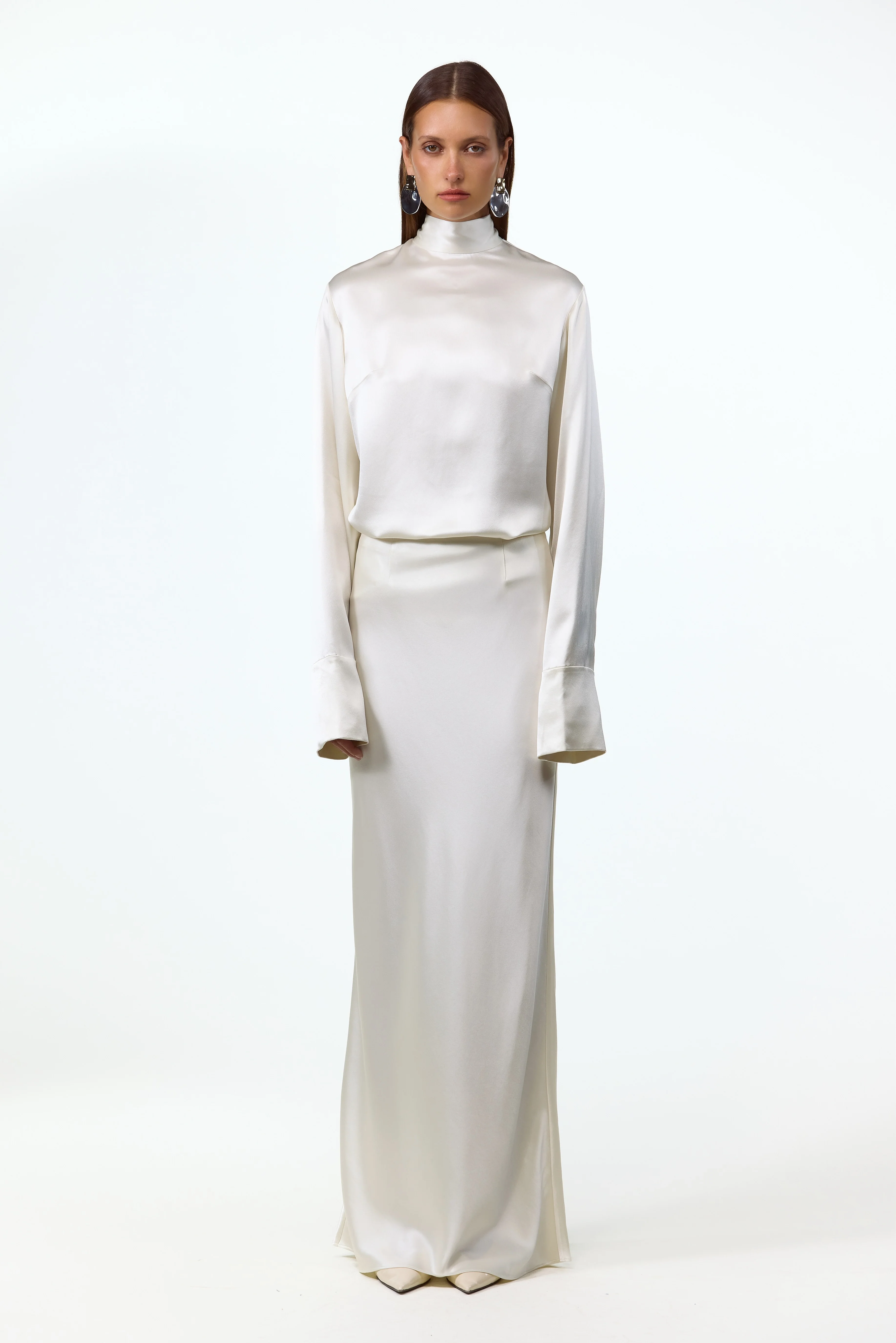 Satin Long Sleeve Blouse (Cream) - Image 4