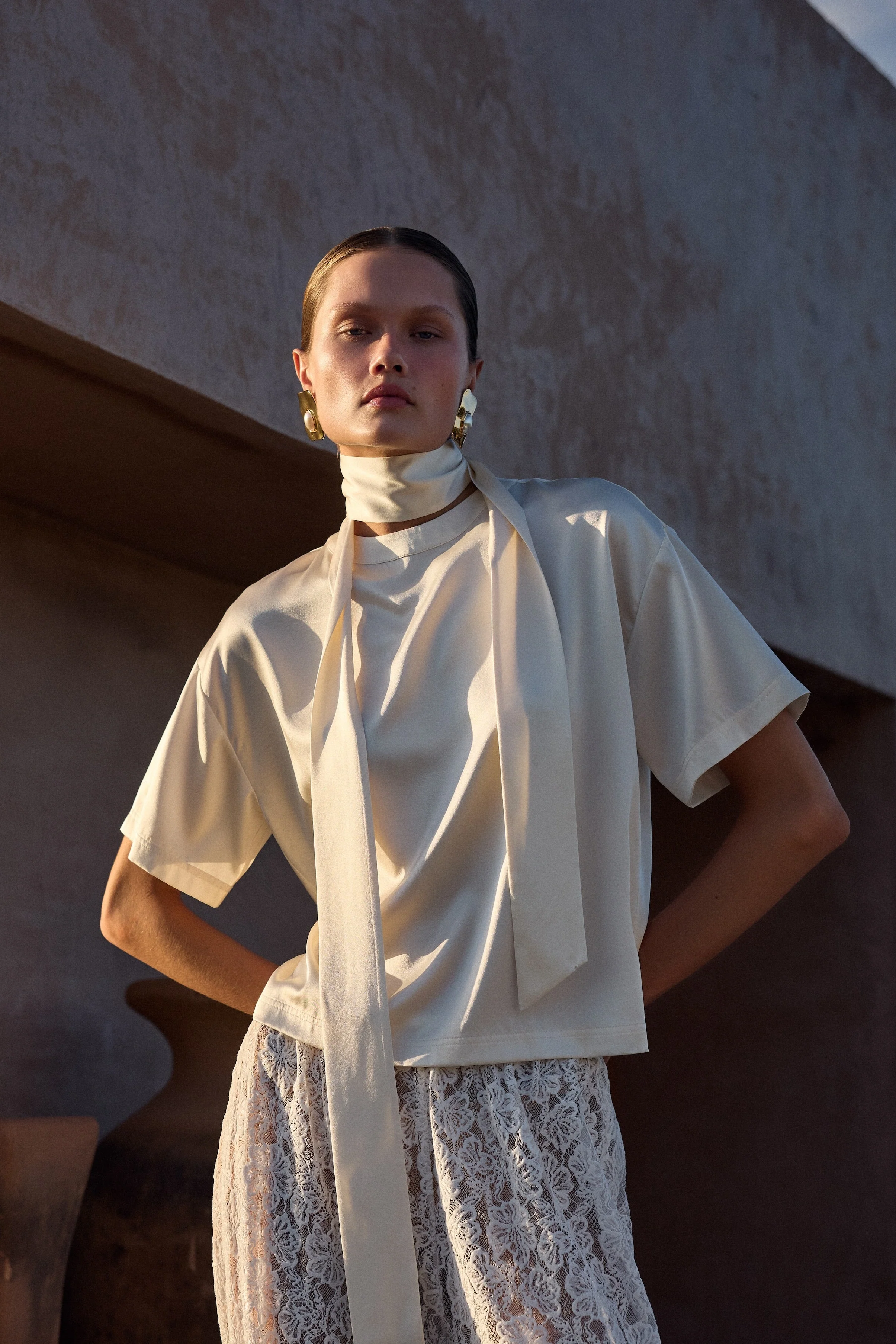 Silk Tee w/ Scarf (Cream) - Image 3