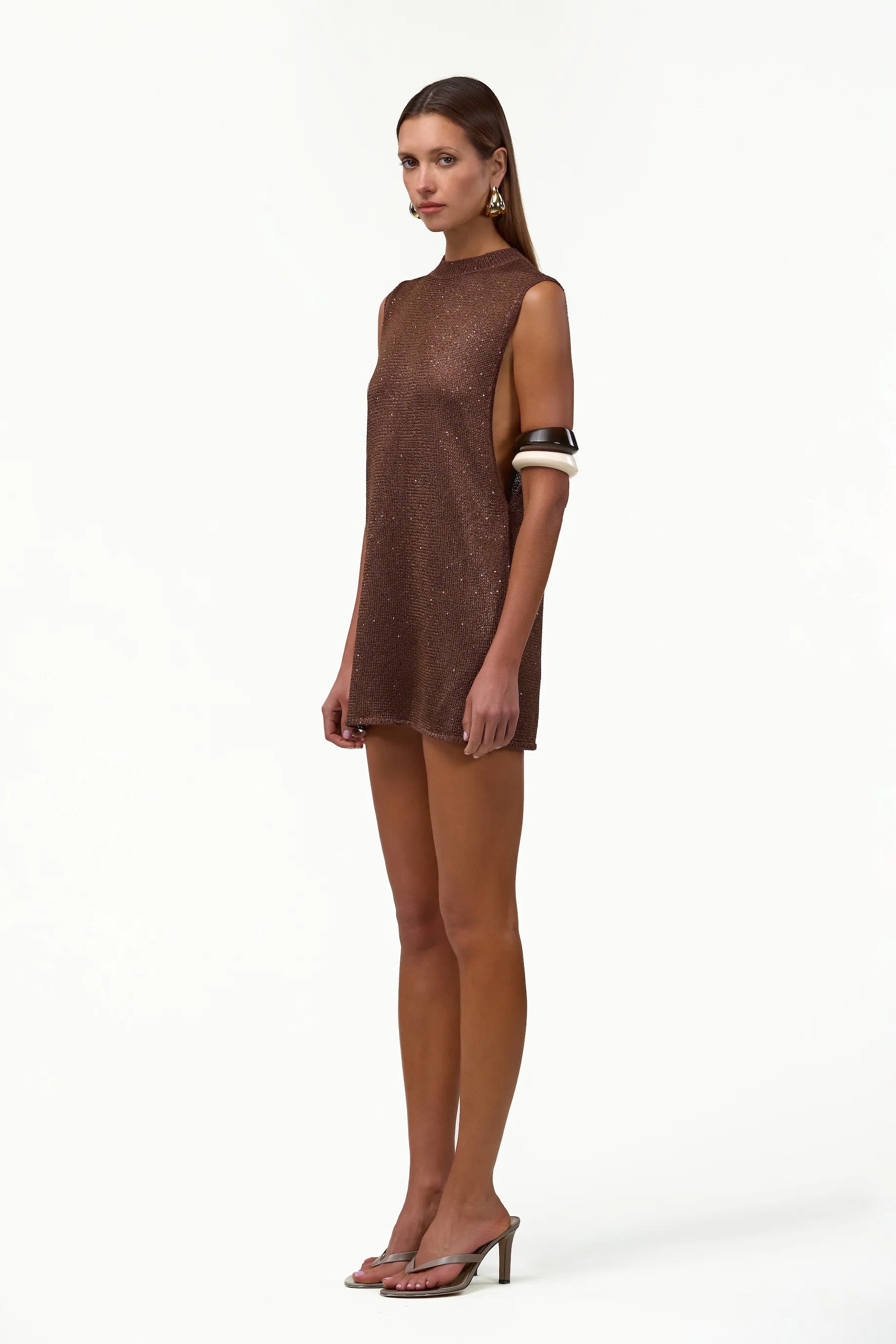 Sleeveless Knit Mini Dress (Chocolate Brown Sequin) - Image 2