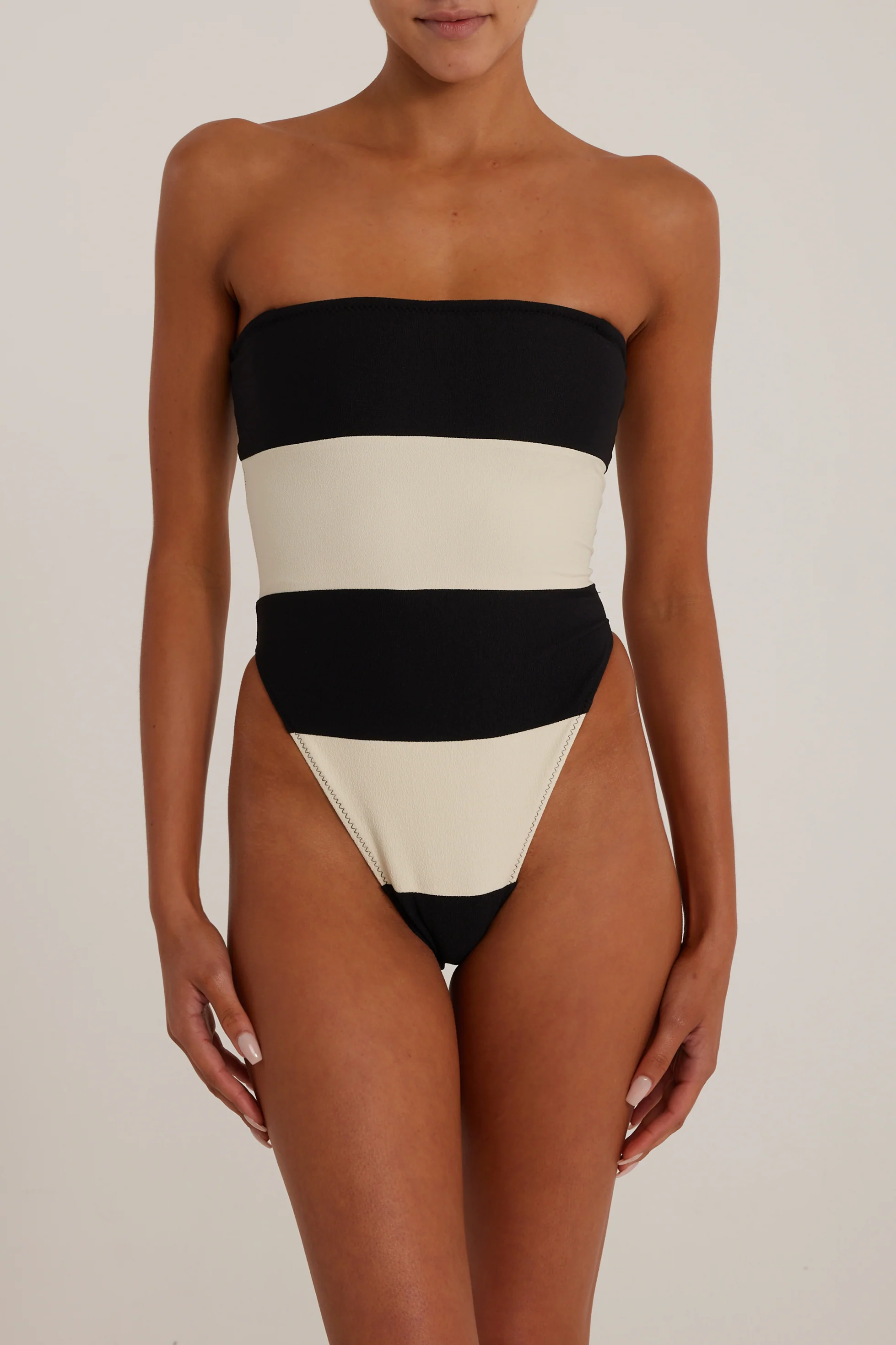 Stripe Strapless One Piece (Faux Suede Black/Cream) - Image 3