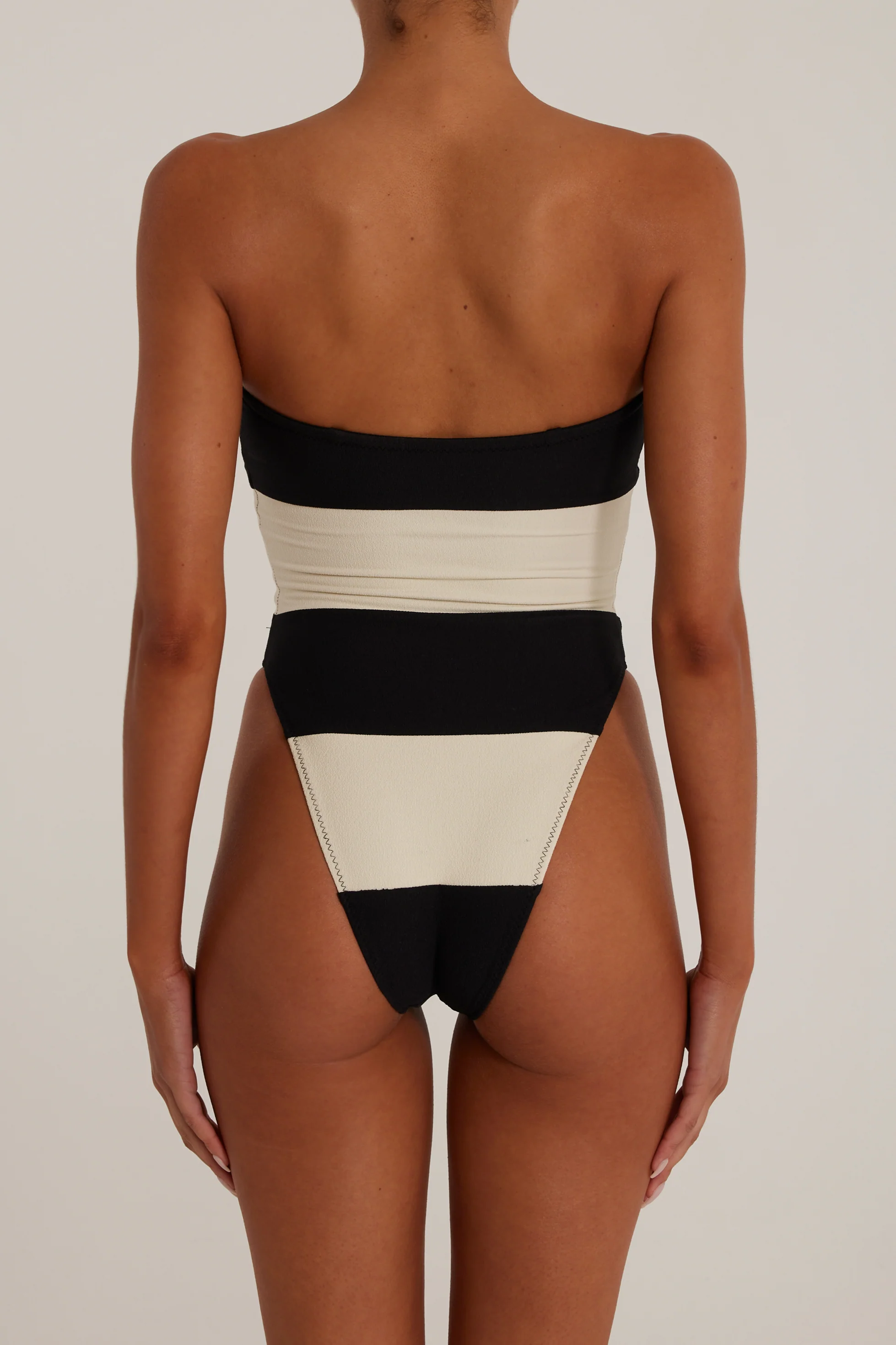 Stripe Strapless One Piece (Faux Suede Black/Cream) - Image 4