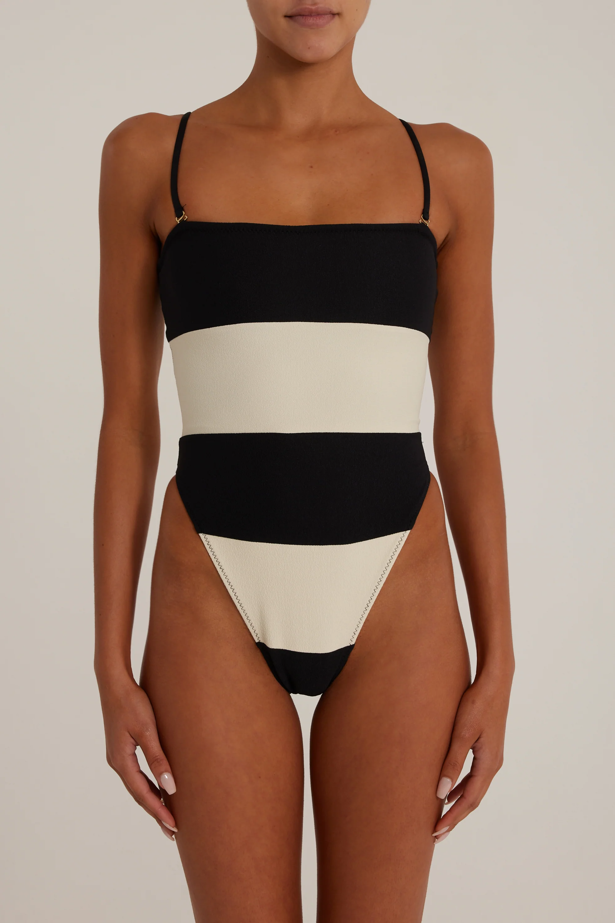 Stripe Strapless One Piece (Faux Suede Black/Cream) - Image 5